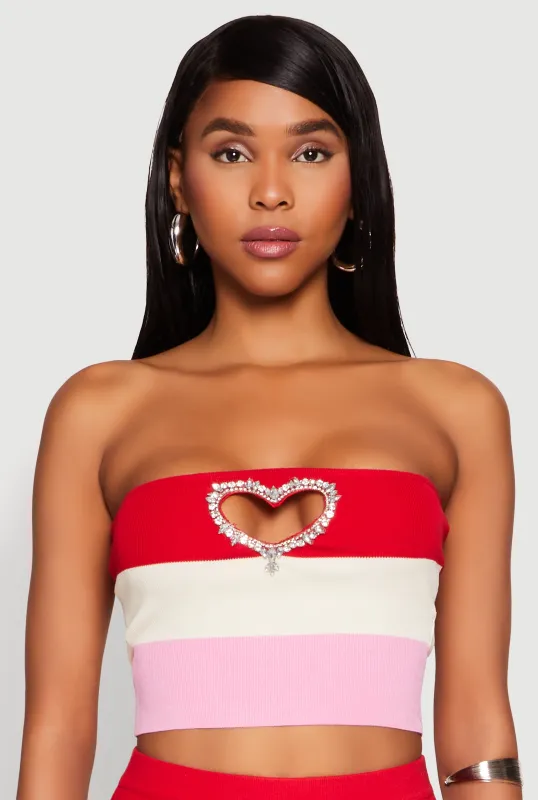 Striped Rhinestone Heart Keyhole Tube Top sold by Rainbow