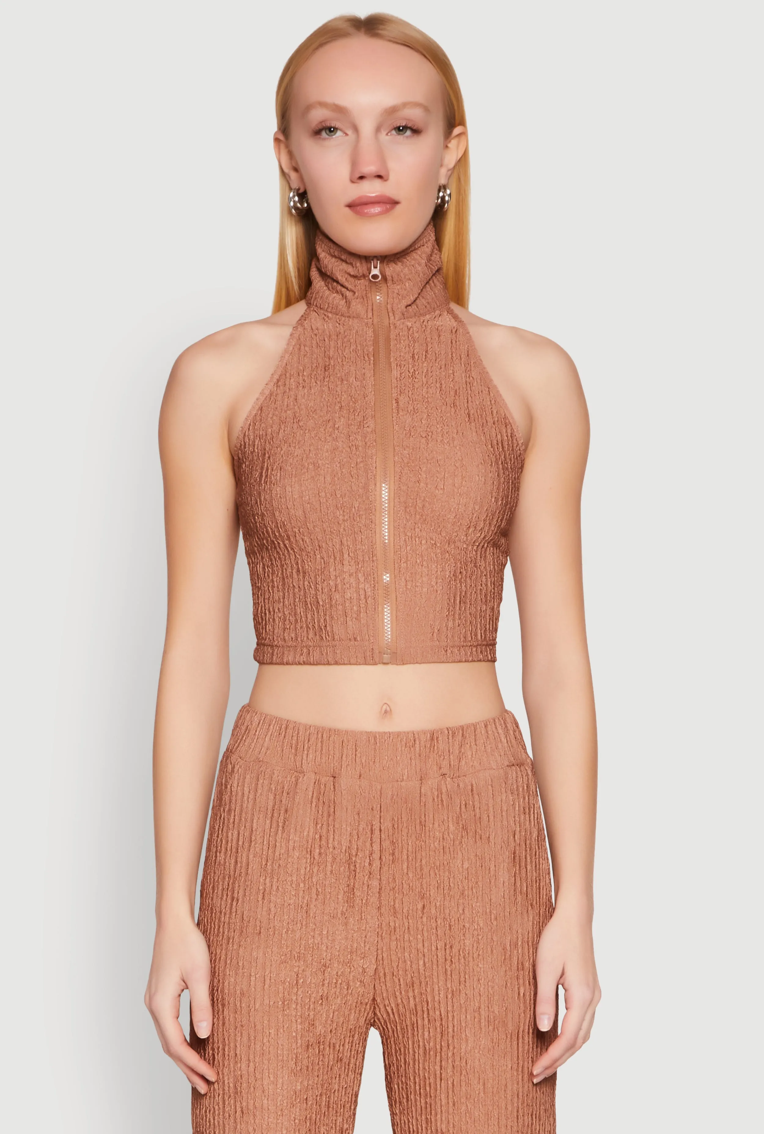 Textured Knit Zip Neck Crop Top sold by Rainbow