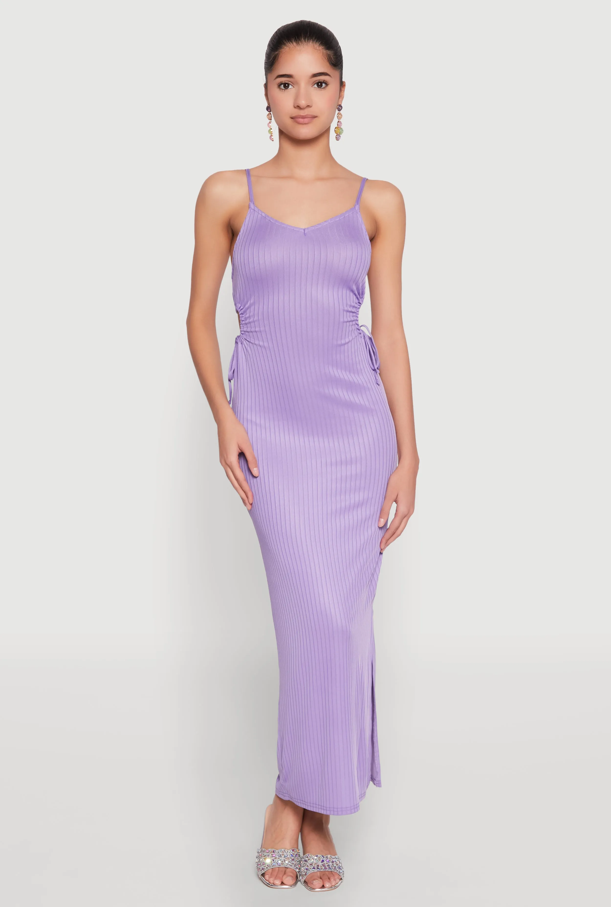 Ribbed Knit Drawstring Cut Out Side Cami Dress sold by Rainbow