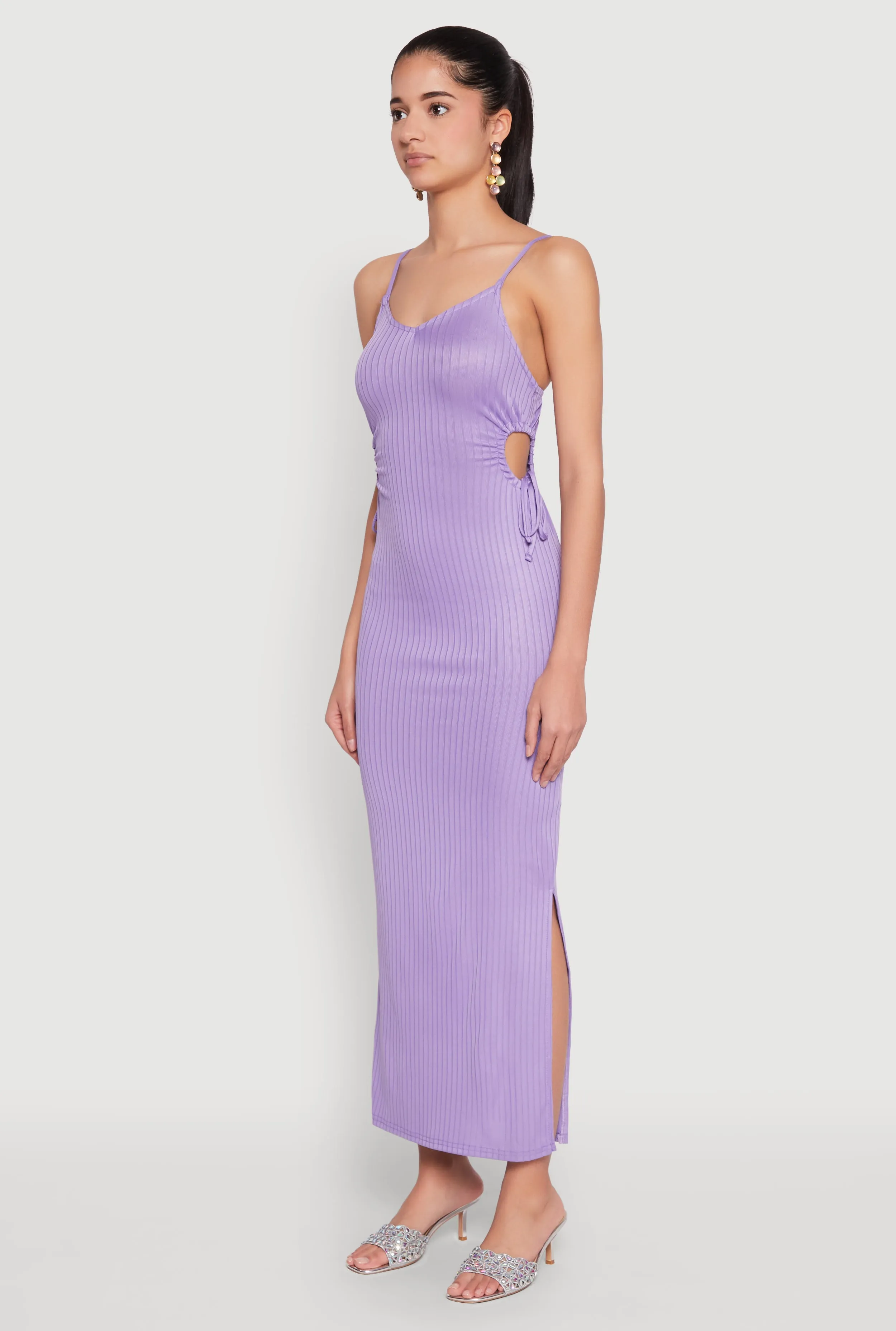 Ribbed Knit Drawstring Cut Out Side Cami Dress sold by Rainbow product image thumbnail 3