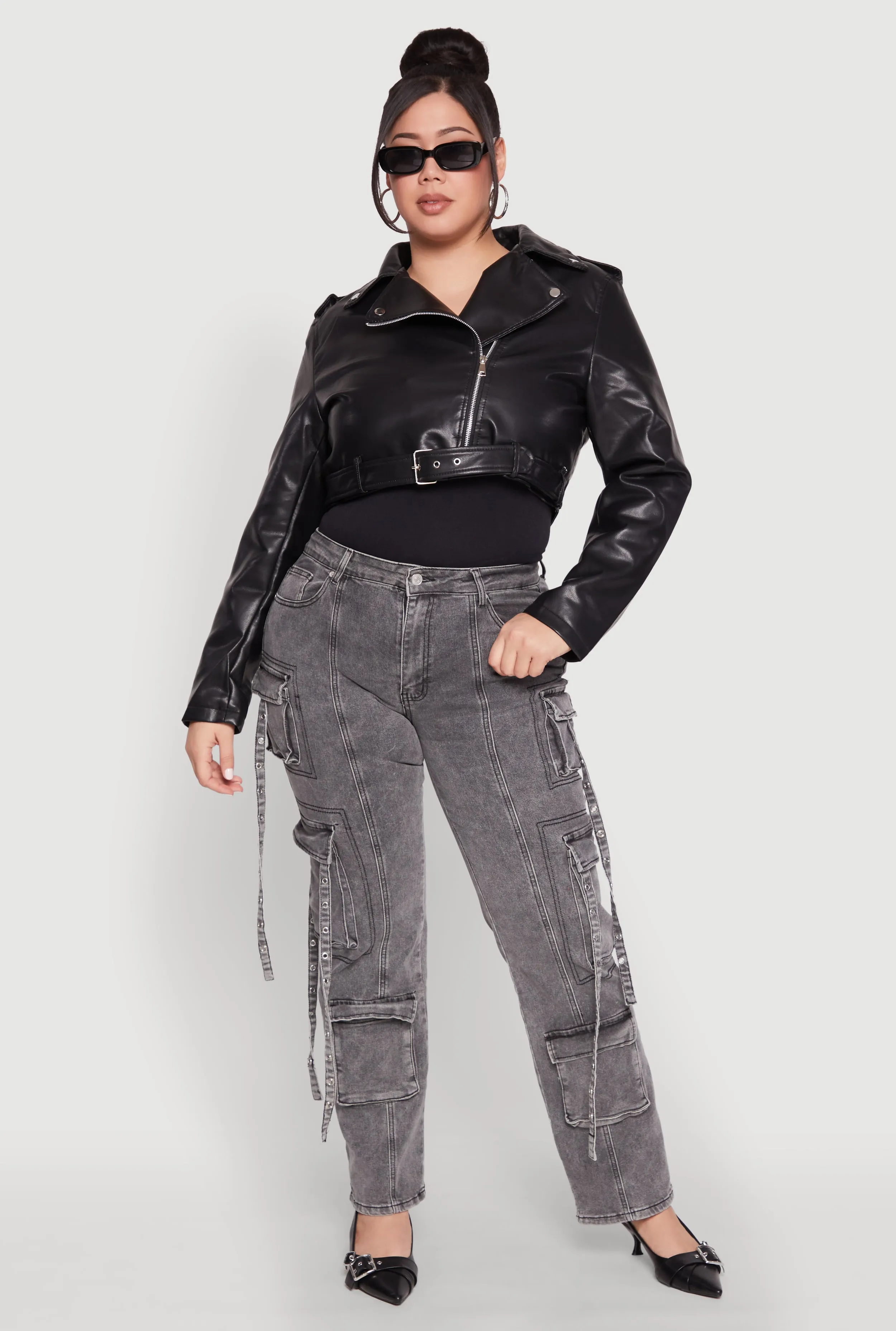 Plus Size Daisy Faux Leather Belted Moto Jacket sold by Rainbow