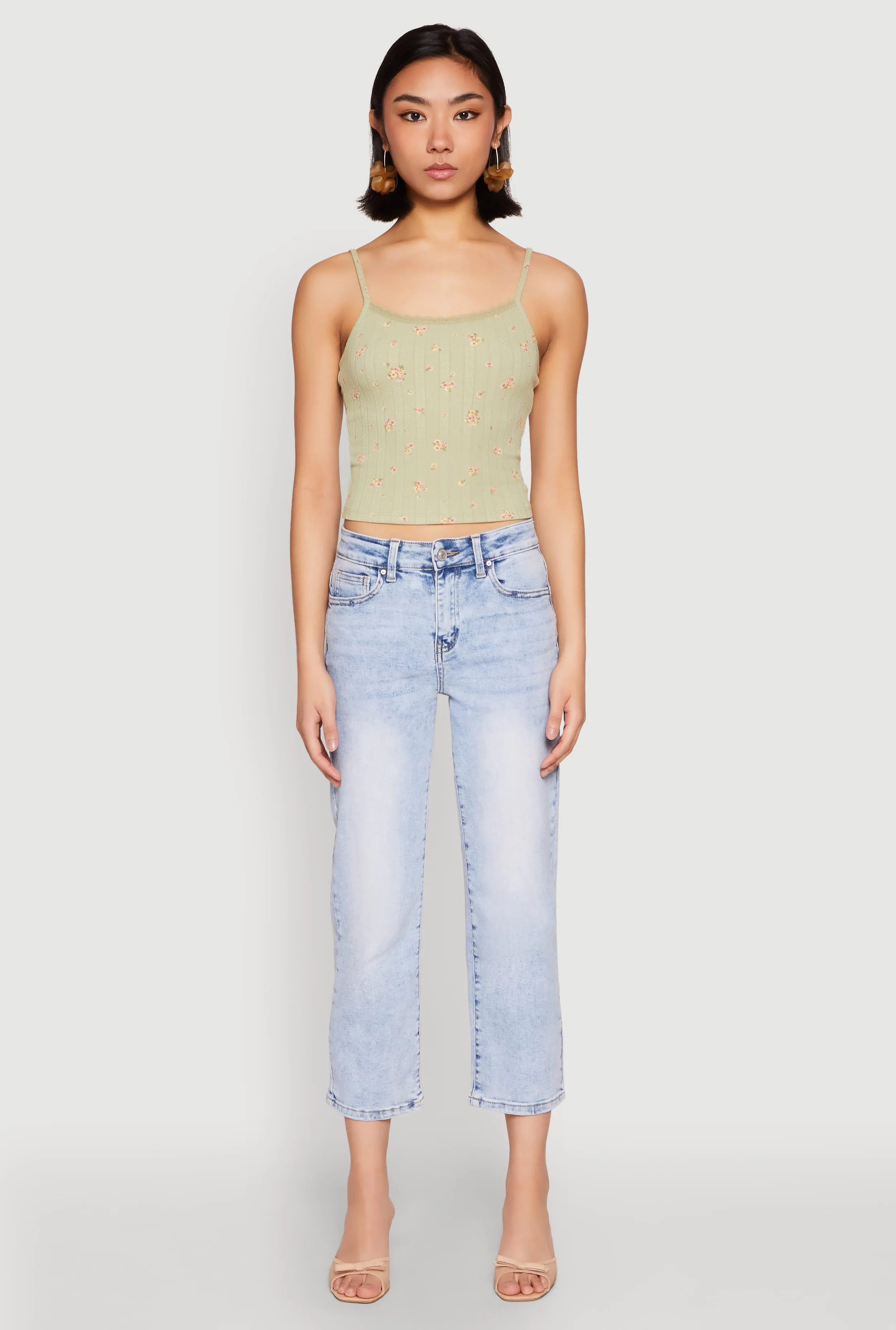 Ribbed Knit Lace Trim Ditsy Print Cami sold by Rainbow