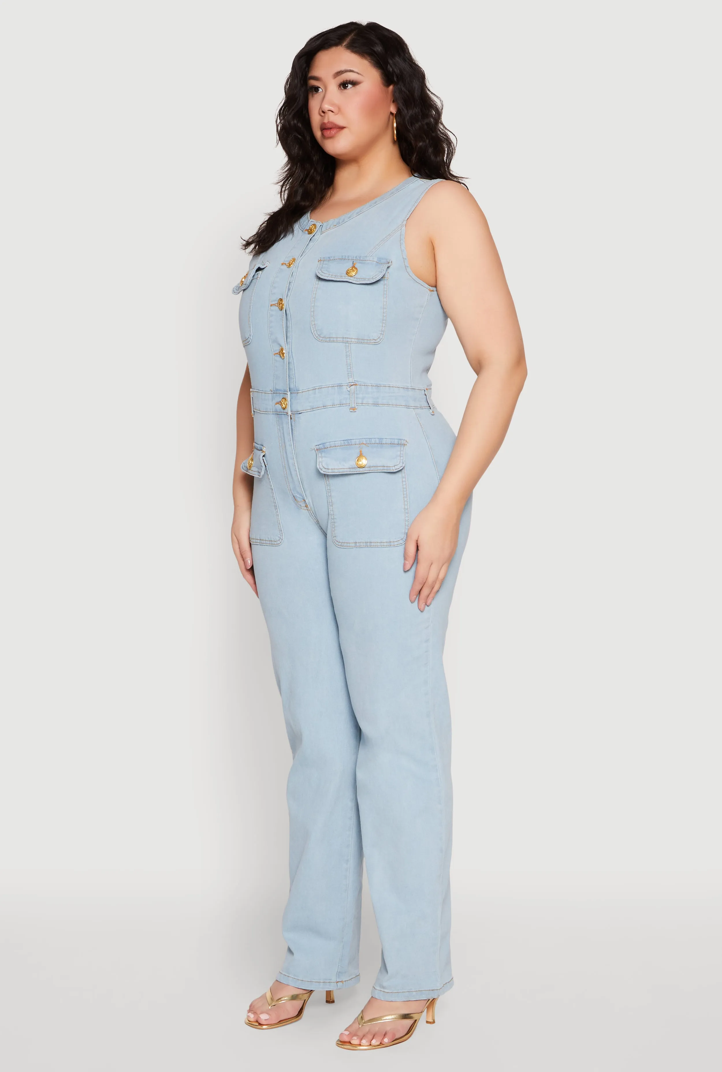 Plus Size Daisy Sleeveless Button Front Denim Jumpsuit sold by Rainbow product image thumbnail 3