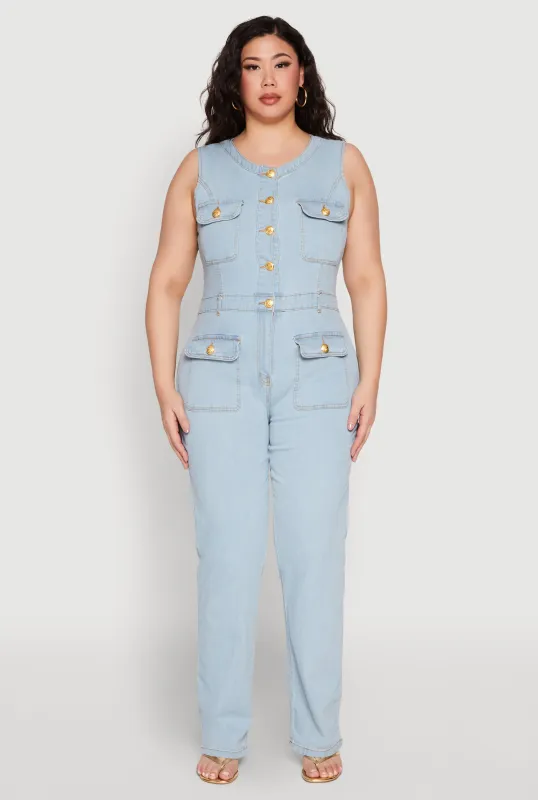 Plus Size Daisy Sleeveless Button Front Denim Jumpsuit sold by Rainbow