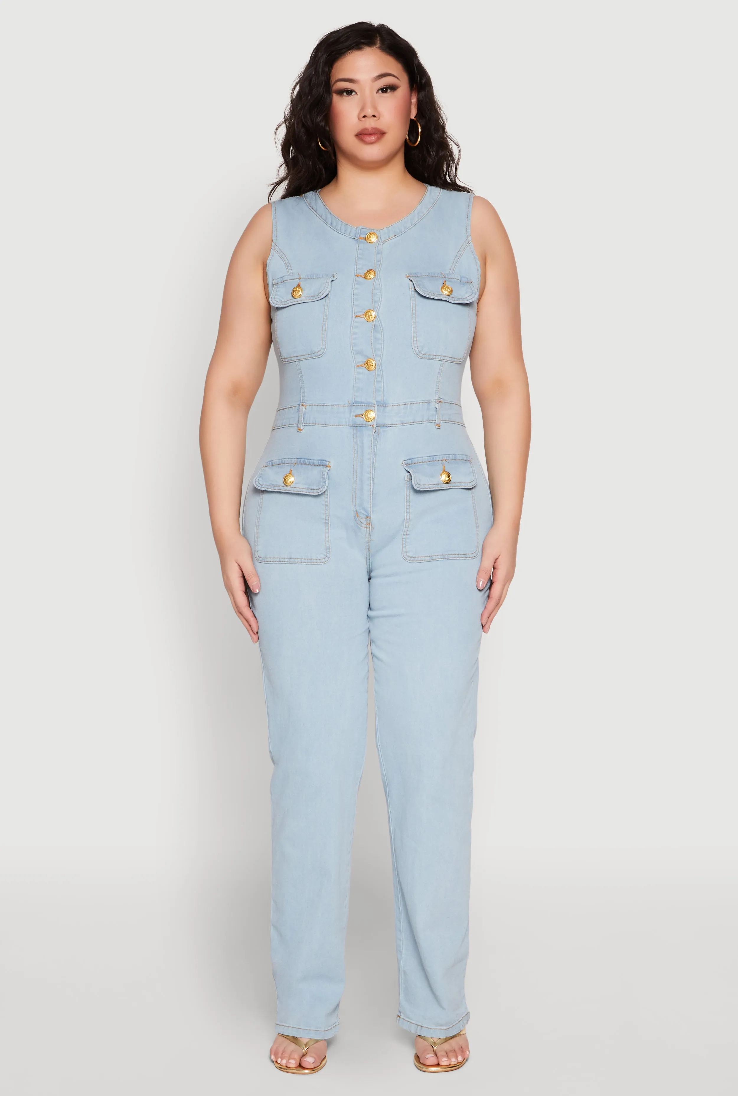 Plus Size Daisy Sleeveless Button Front Denim Jumpsuit sold by Rainbow
