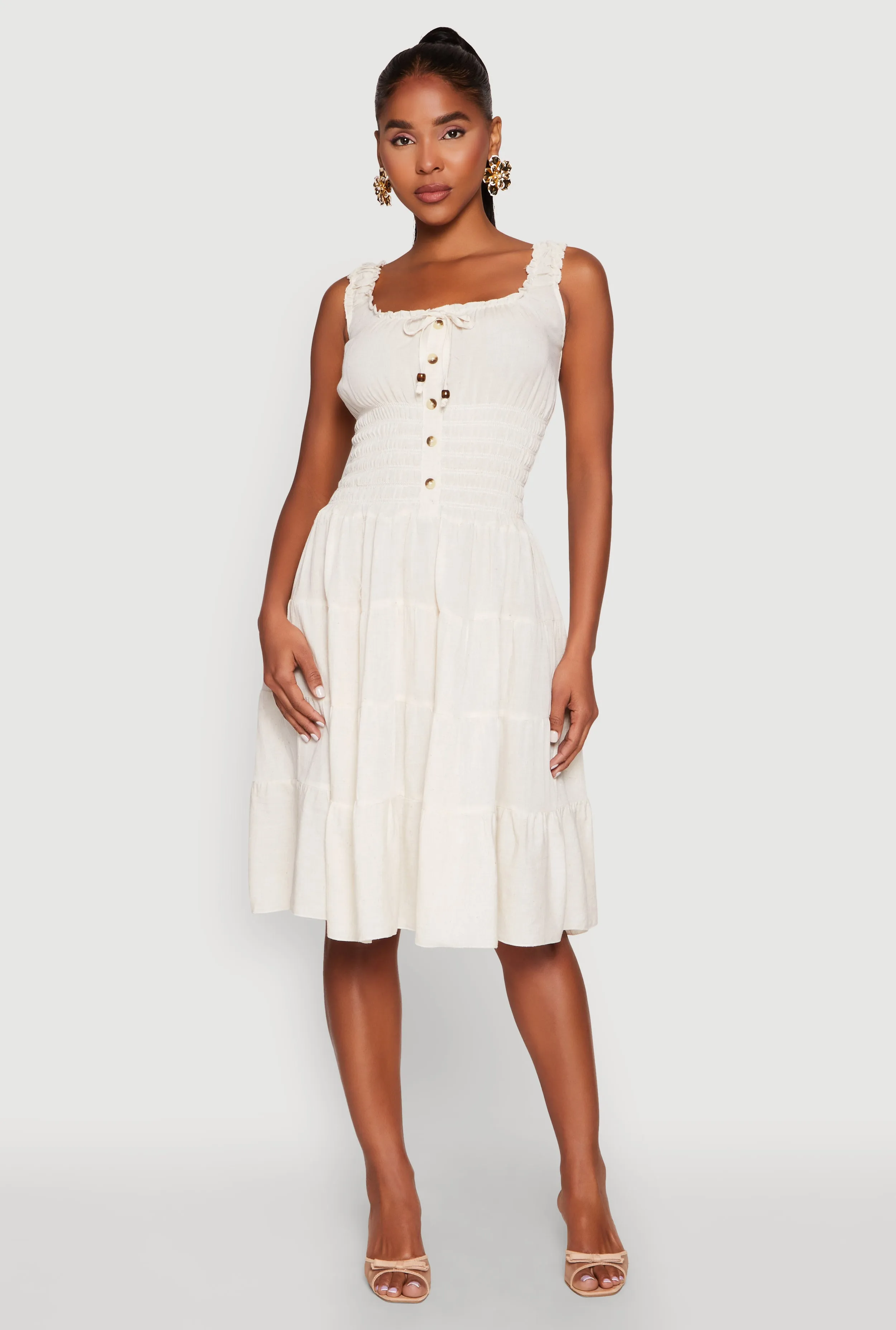 Linen Faux Button Smocked Tiered Dress sold by Rainbow product image thumbnail 2