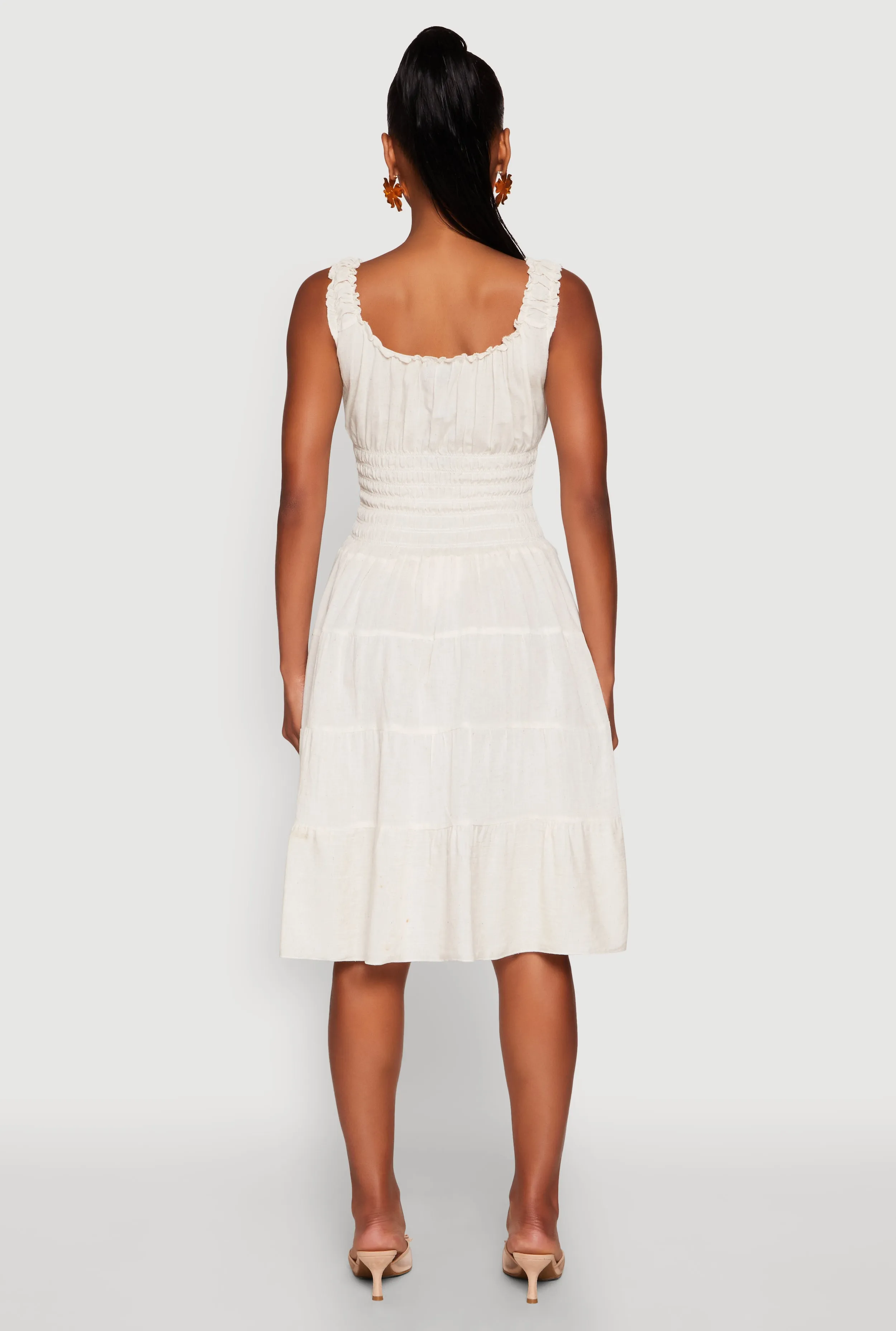 Linen Faux Button Smocked Tiered Dress sold by Rainbow product image thumbnail 5