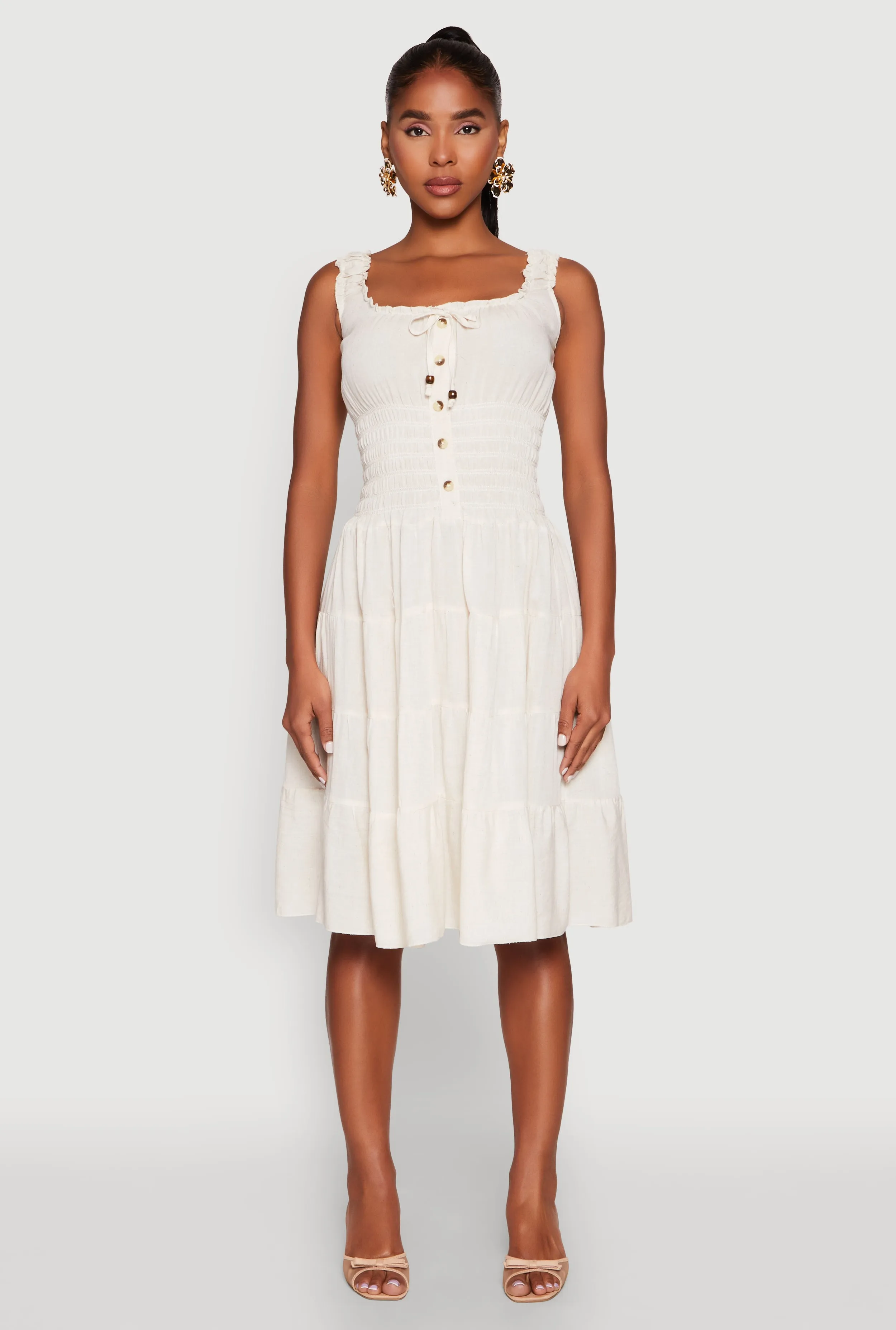 Linen Faux Button Smocked Tiered Dress sold by Rainbow