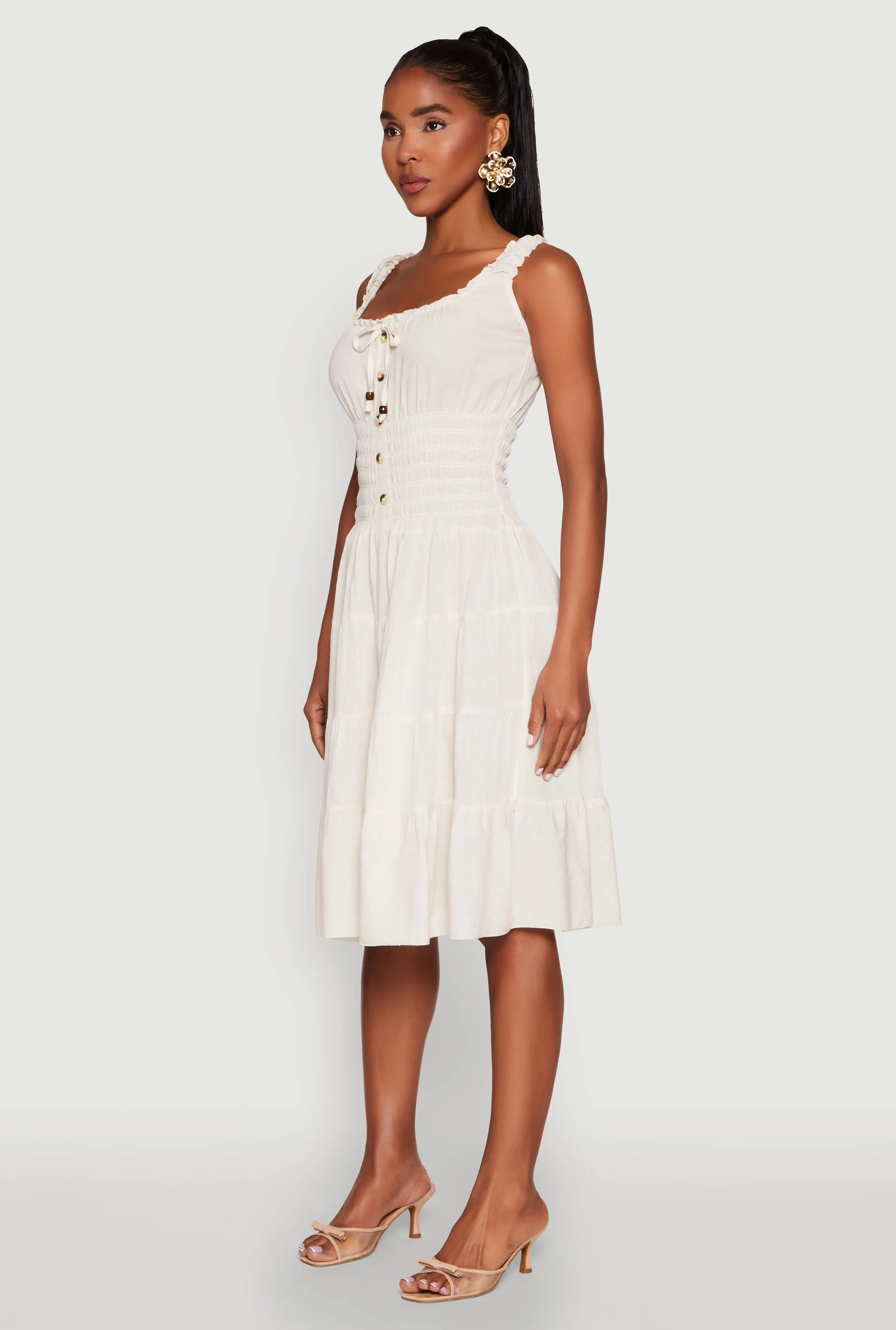 Linen Faux Button Smocked Tiered Dress sold by Rainbow product image thumbnail 3