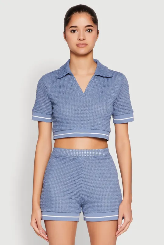 Textured Knit Polo Crop Top sold by Rainbow