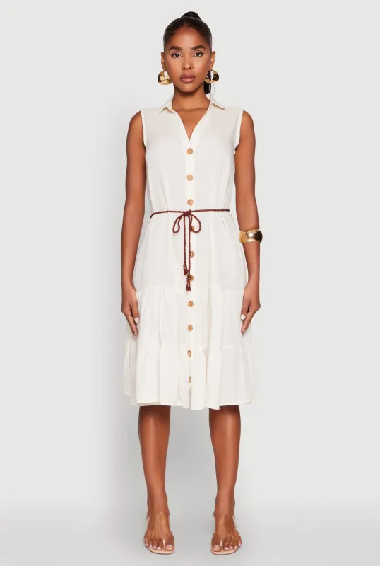 Linen Button Front Tiered Shirt Dress sold by Rainbow