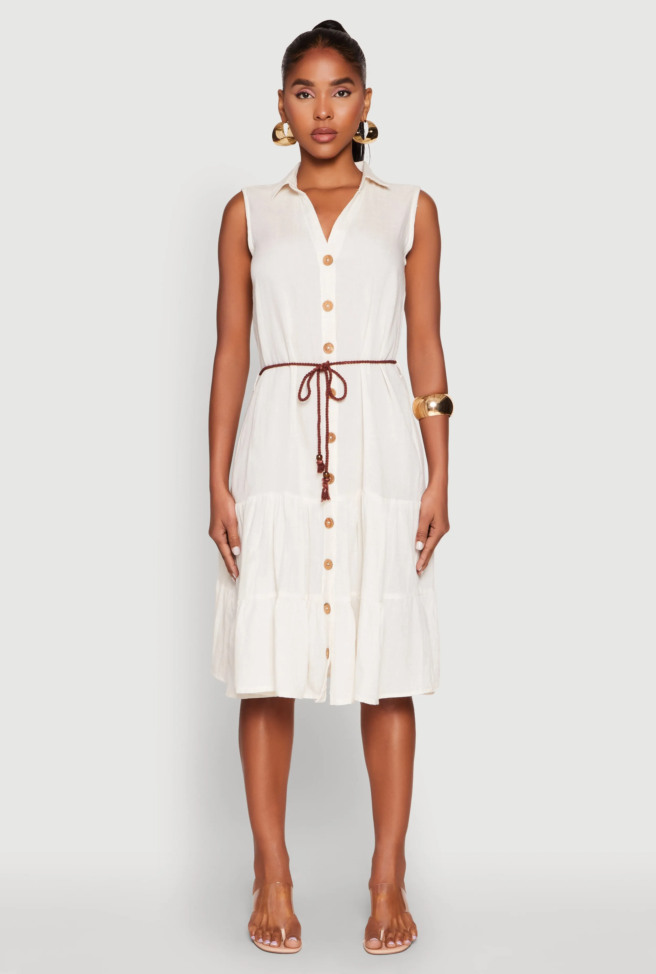 Linen Button Front Tiered Shirt Dress sold by Rainbow