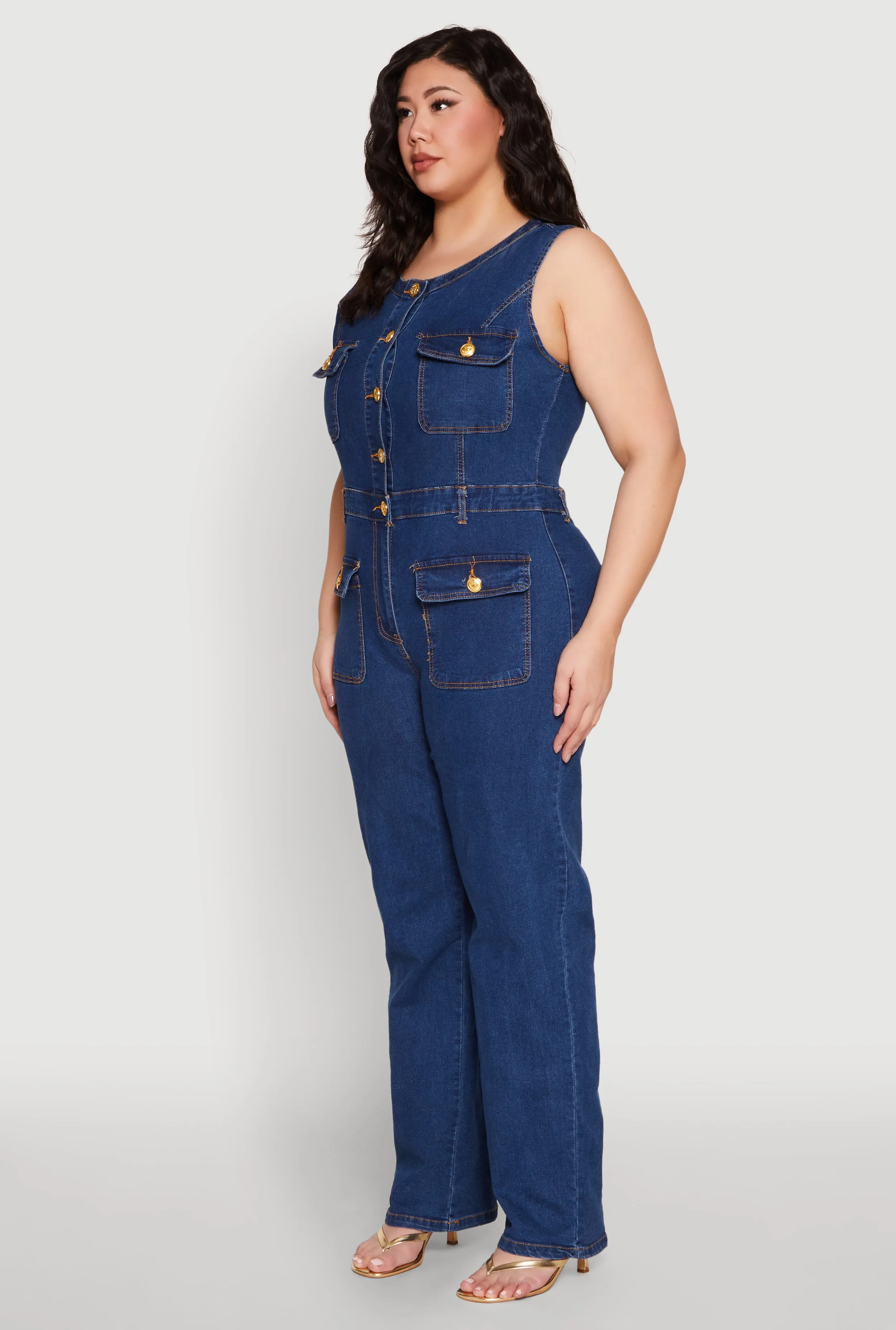 Plus Size Daisy Sleeveless Button Front Denim Jumpsuit sold by Rainbow product image thumbnail 3