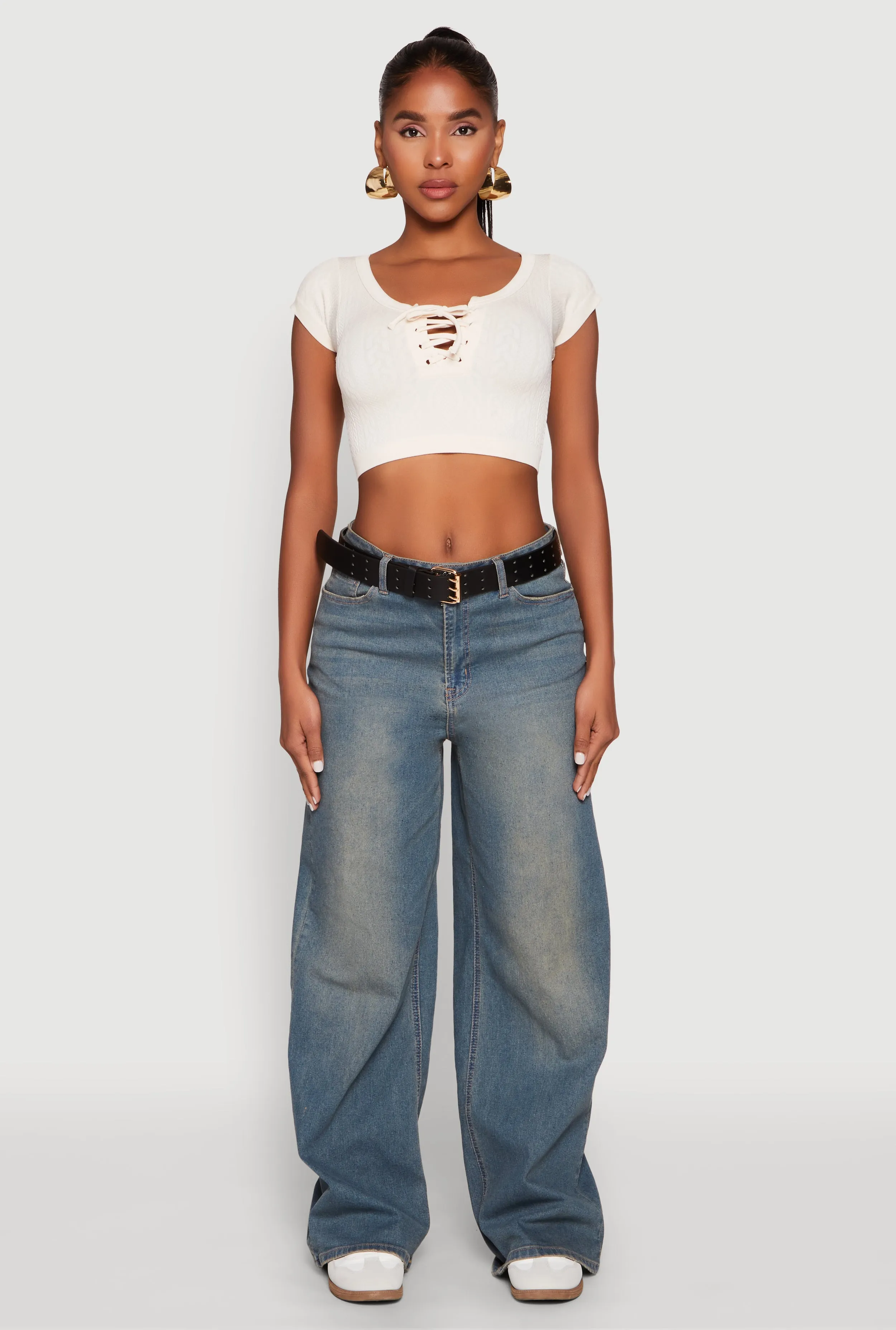 Seamless Lace Up Cable Knit Crop Top sold by Rainbow