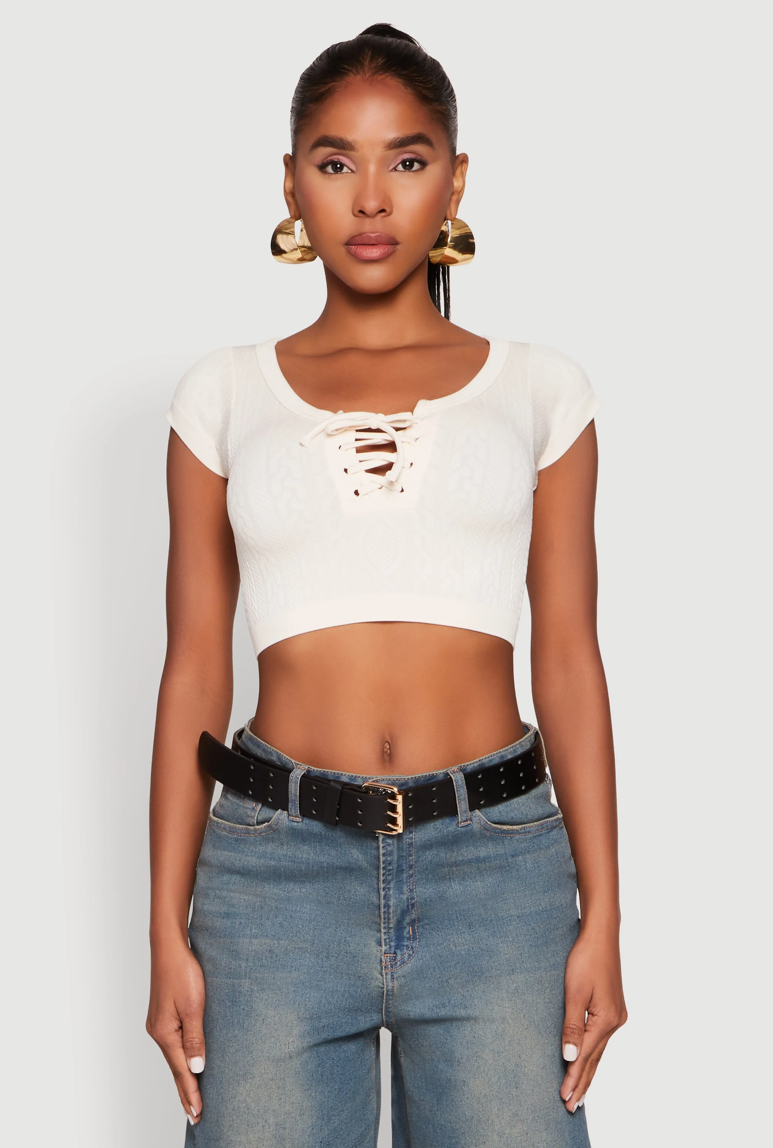 Seamless Lace Up Cable Knit Crop Top sold by Rainbow product image thumbnail 2