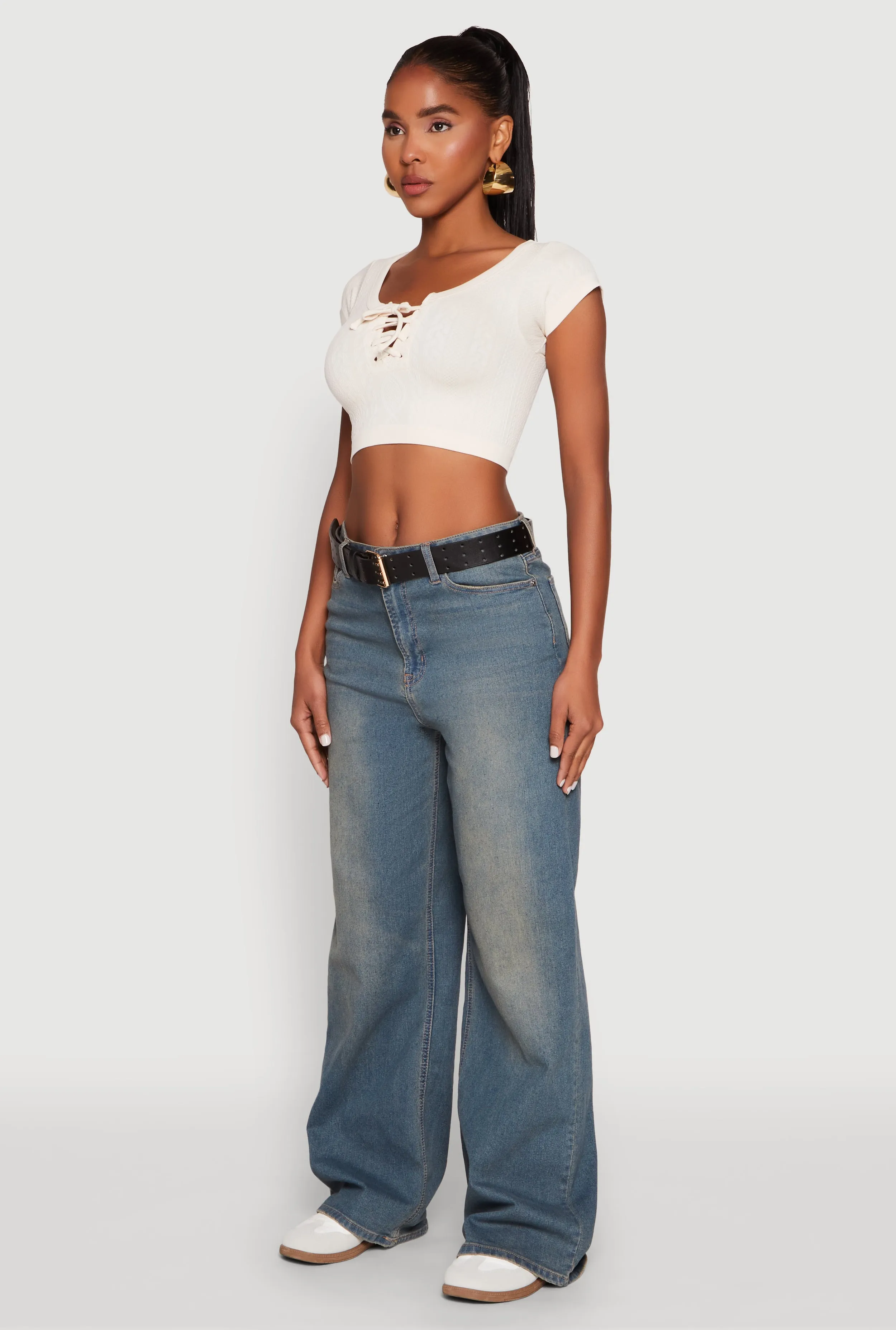 Seamless Lace Up Cable Knit Crop Top sold by Rainbow product image thumbnail 5