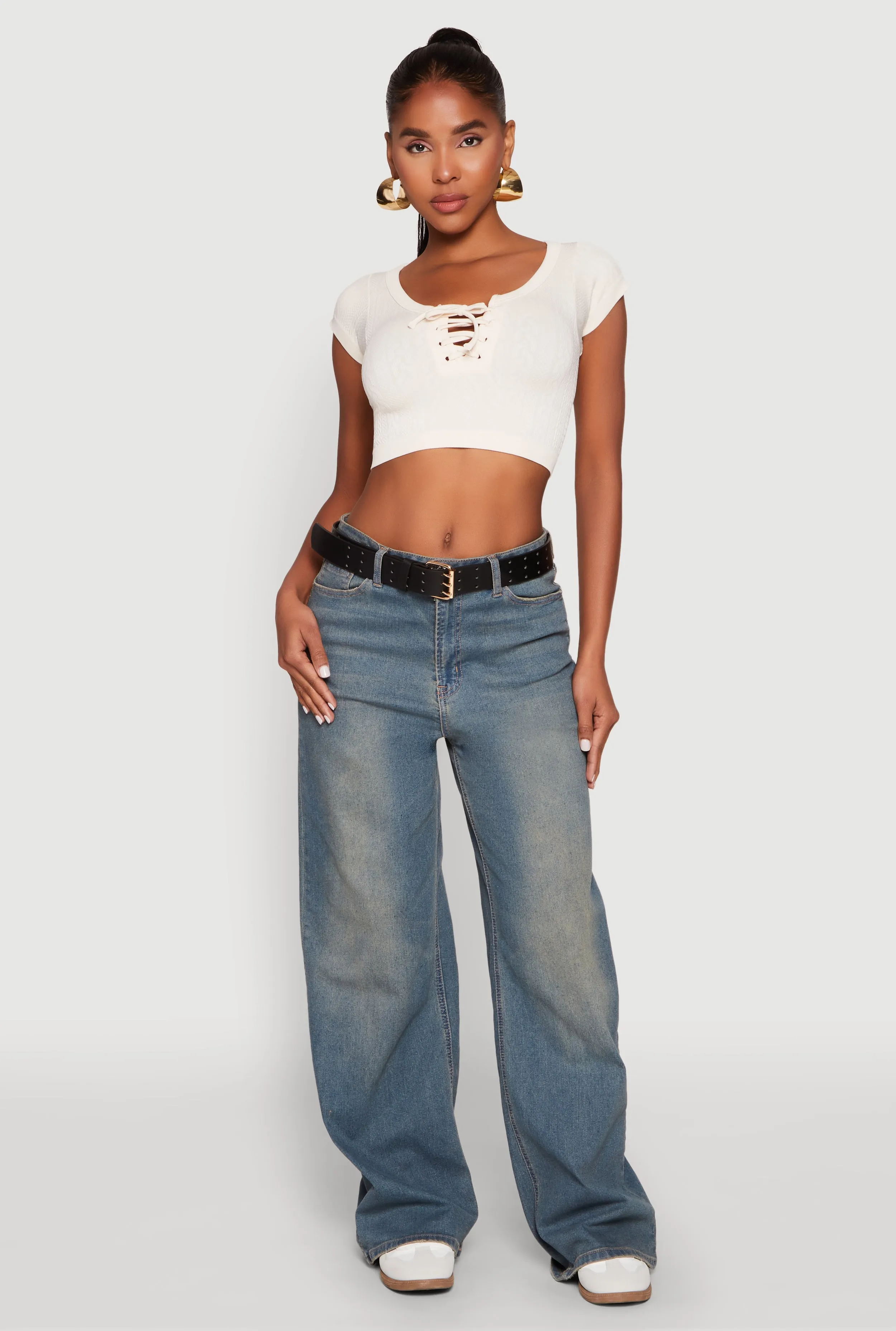 Seamless Lace Up Cable Knit Crop Top sold by Rainbow product image thumbnail 3