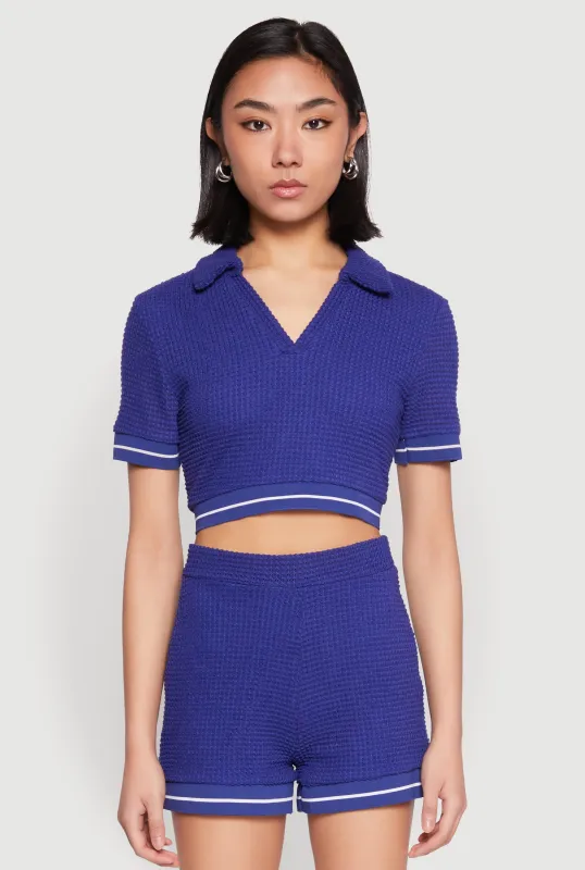 Textured Knit Polo Crop Top sold by Rainbow