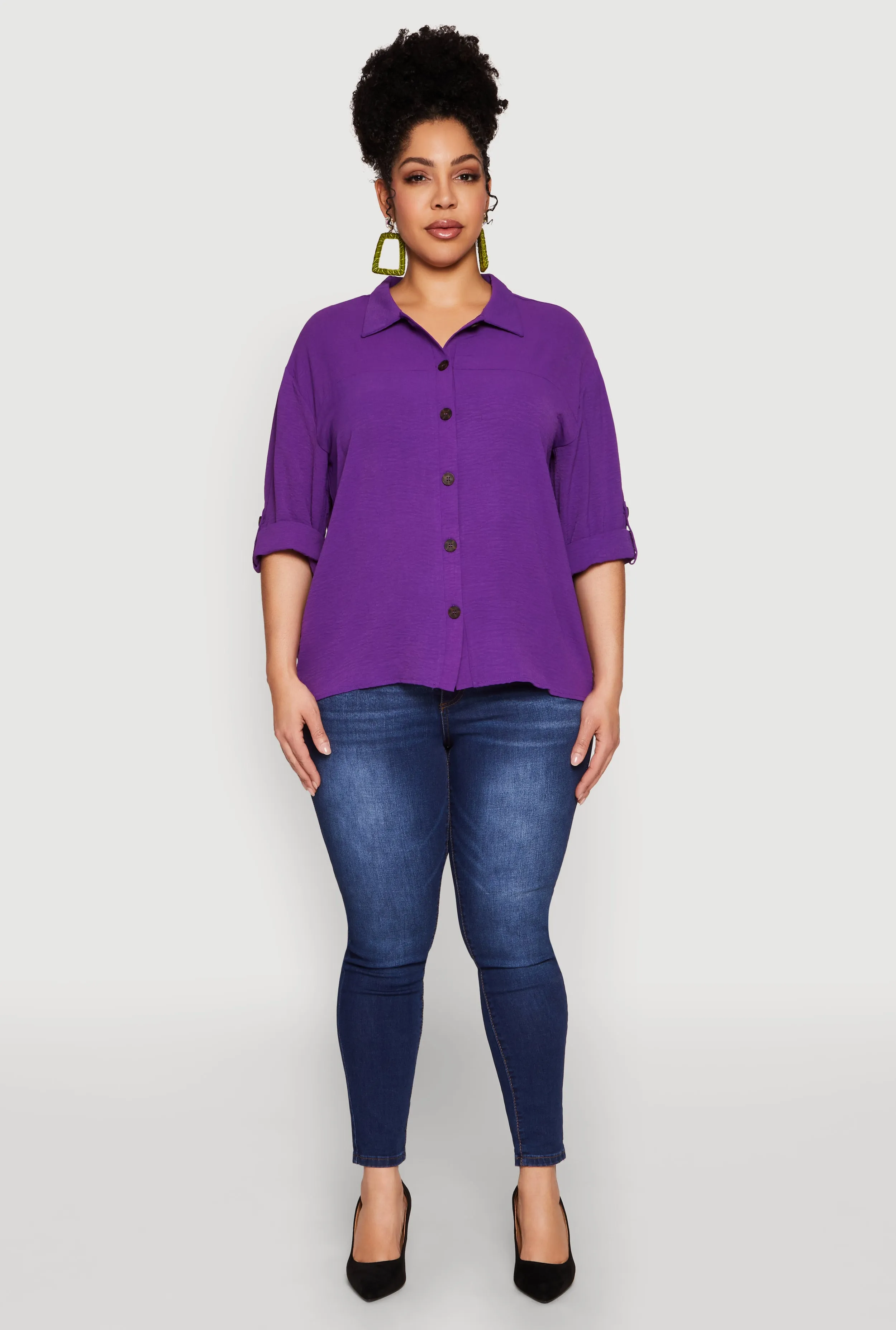 Plus Size Airy Crepe Knit Tabbed Sleeve Shirt sold by Rainbow