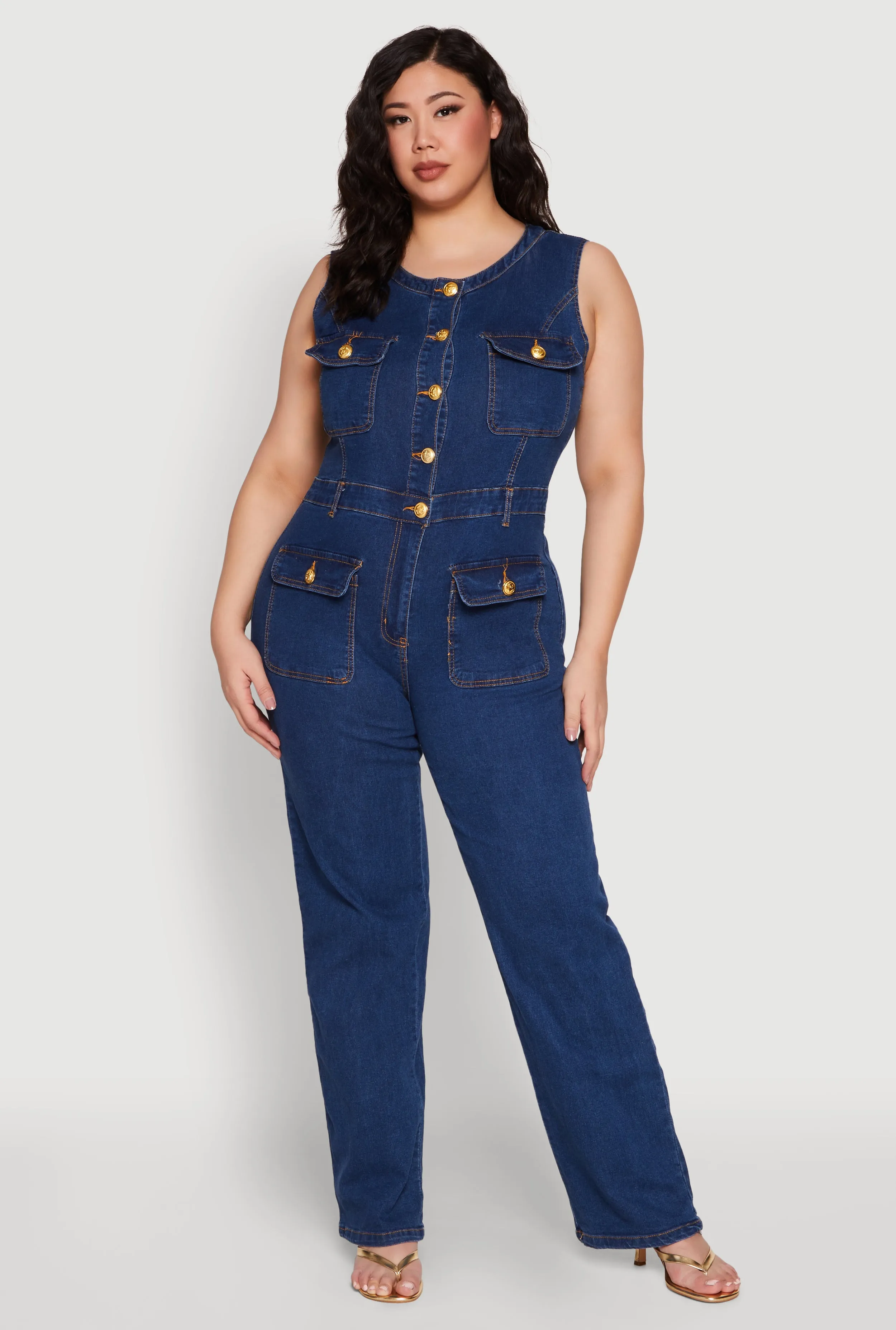 Plus Size Daisy Sleeveless Button Front Denim Jumpsuit sold by Rainbow