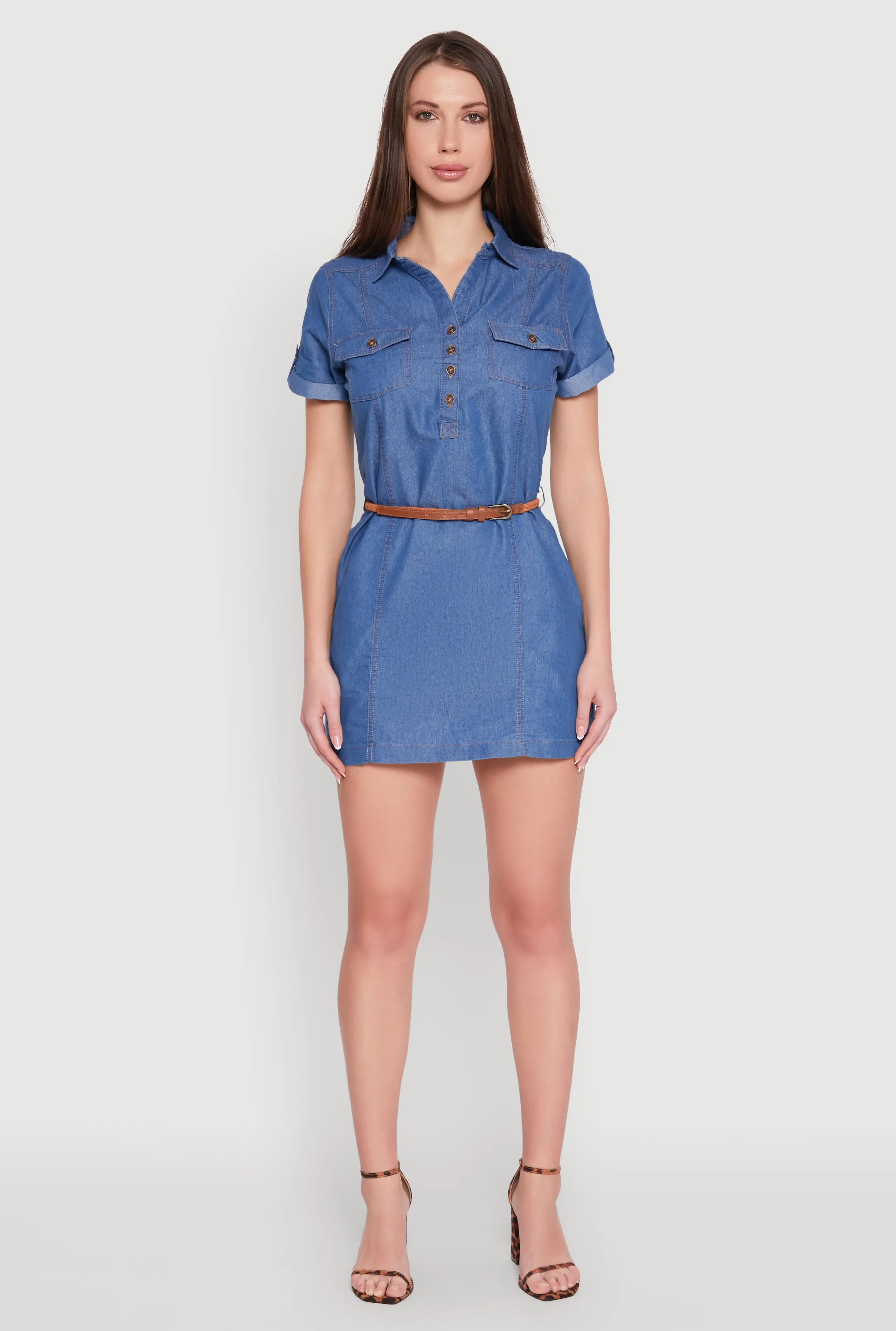 Chambray Belted Half Button Mini Dress sold by Rainbow product image thumbnail 2