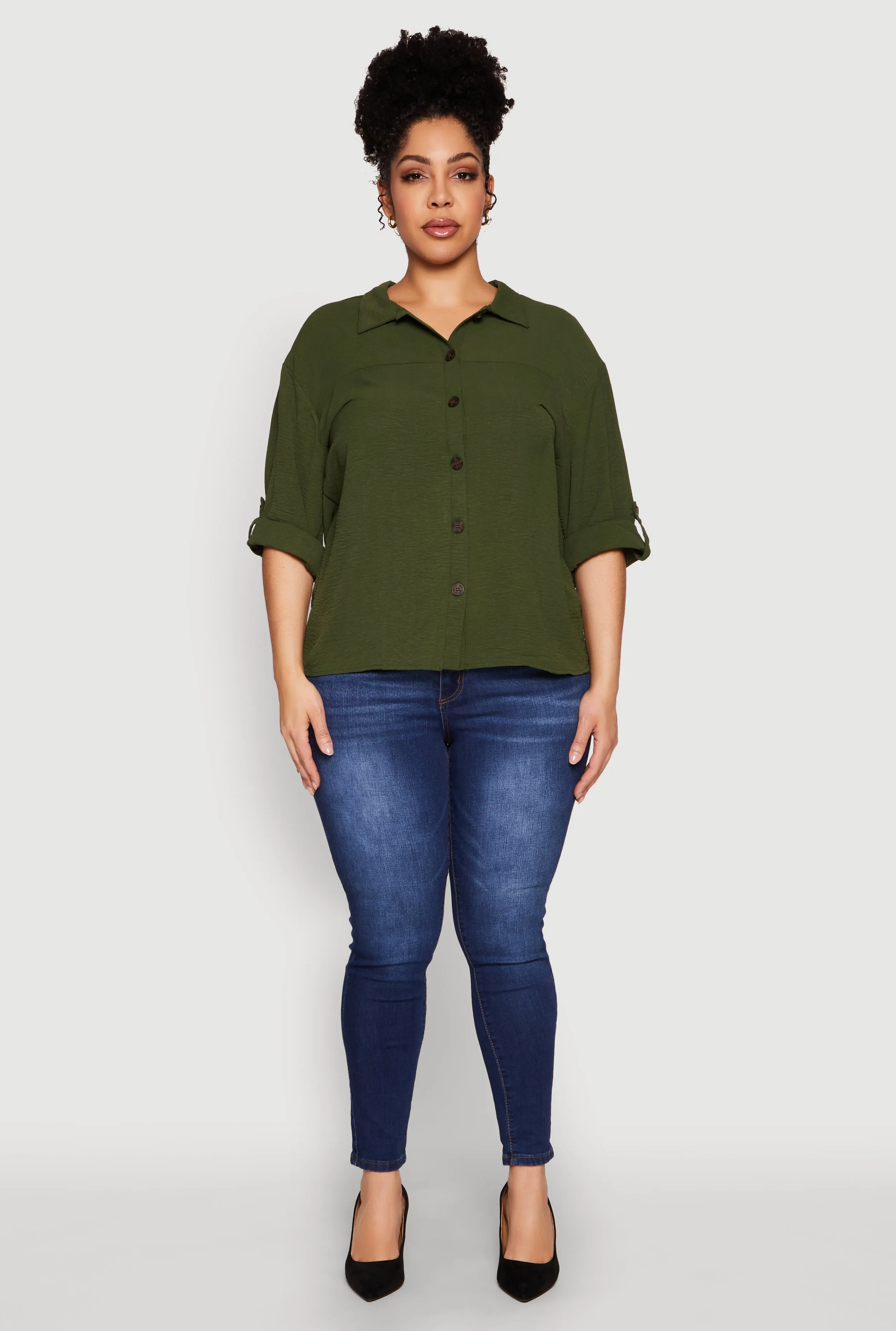 Plus Size Airy Crepe Knit Tabbed Sleeve Shirt sold by Rainbow product image thumbnail 3