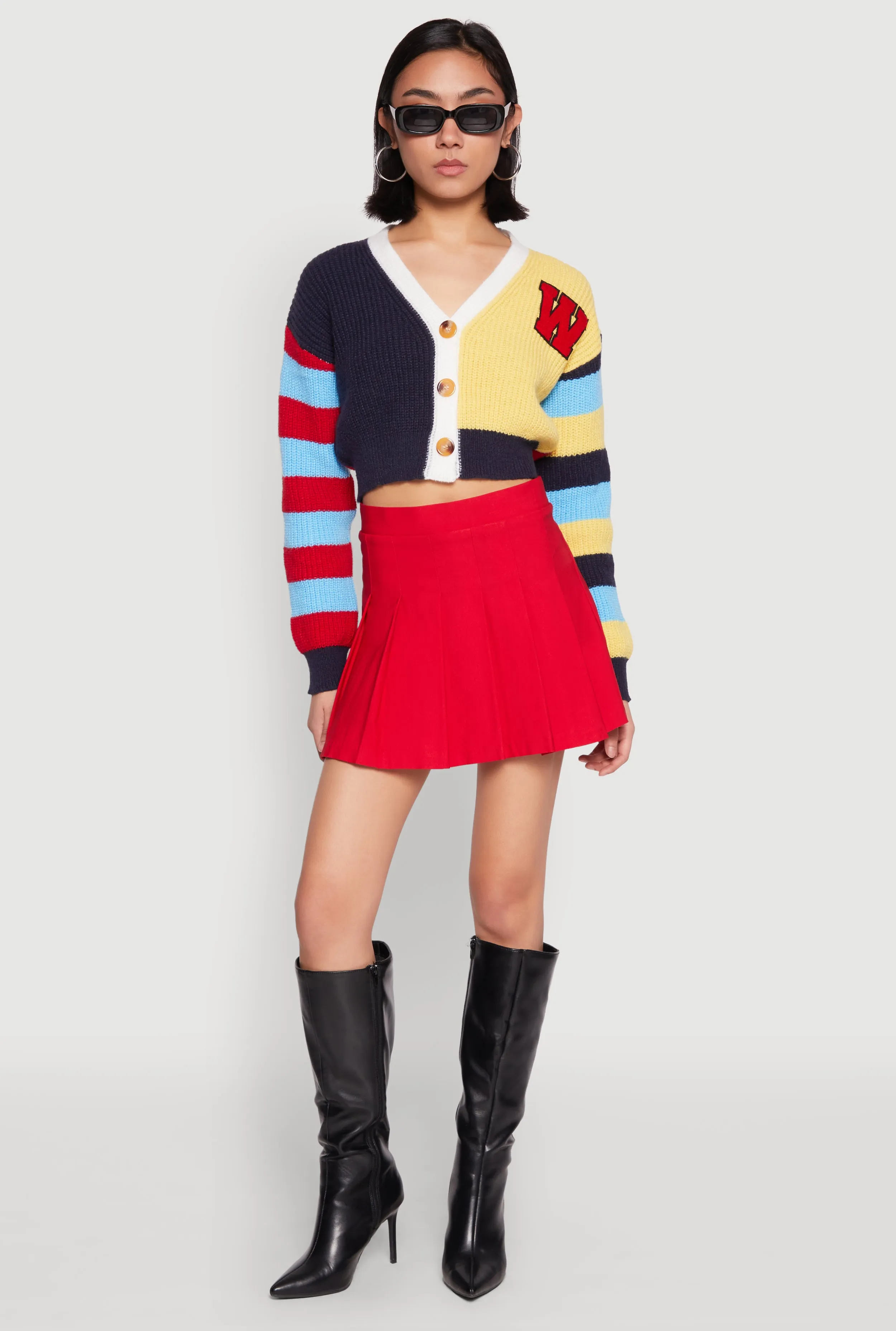 Daisy Chenille Patch Color Blocked Cropped Cardigan sold by Rainbow