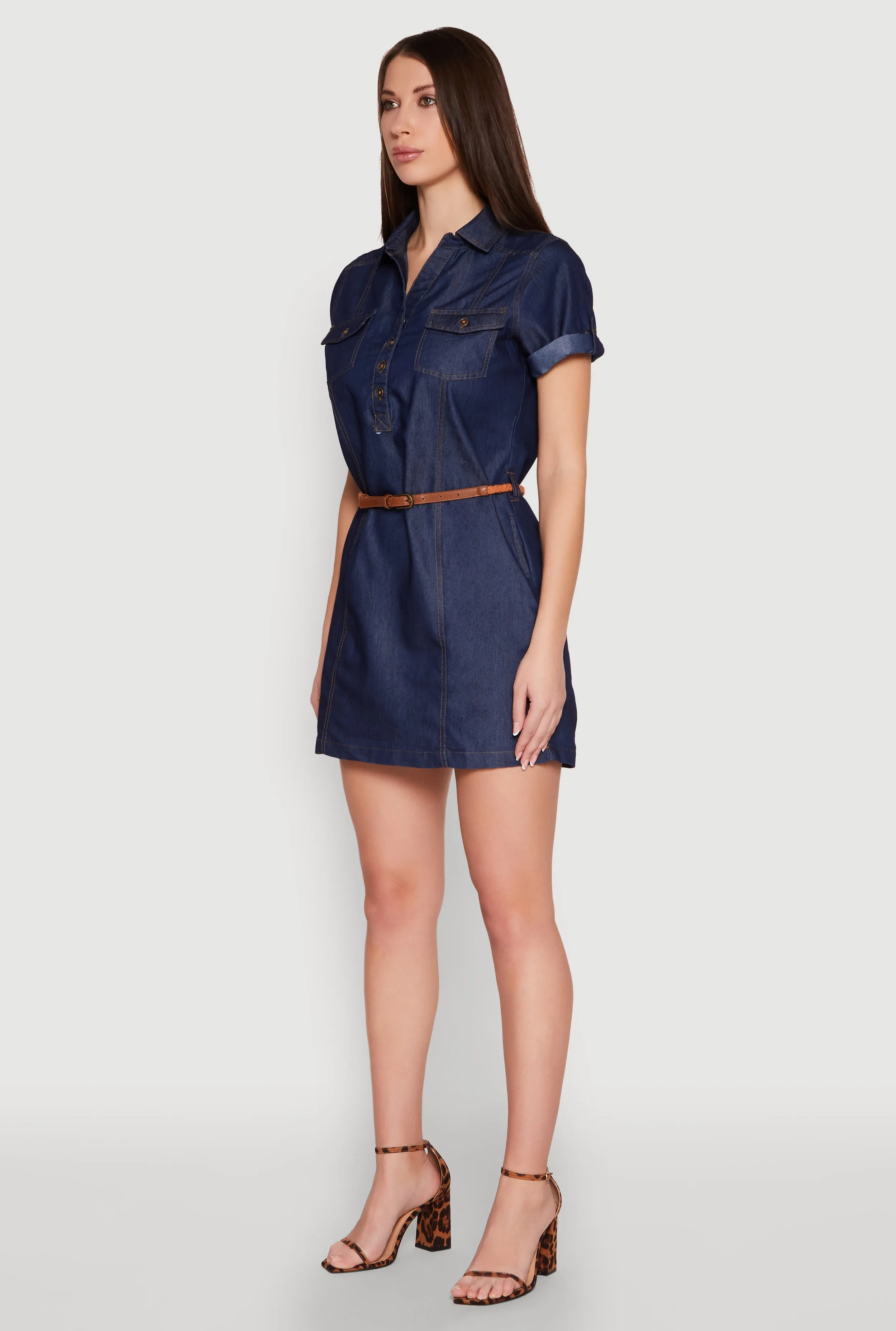 Chambray Belted Half Button Mini Dress sold by Rainbow product image thumbnail 3