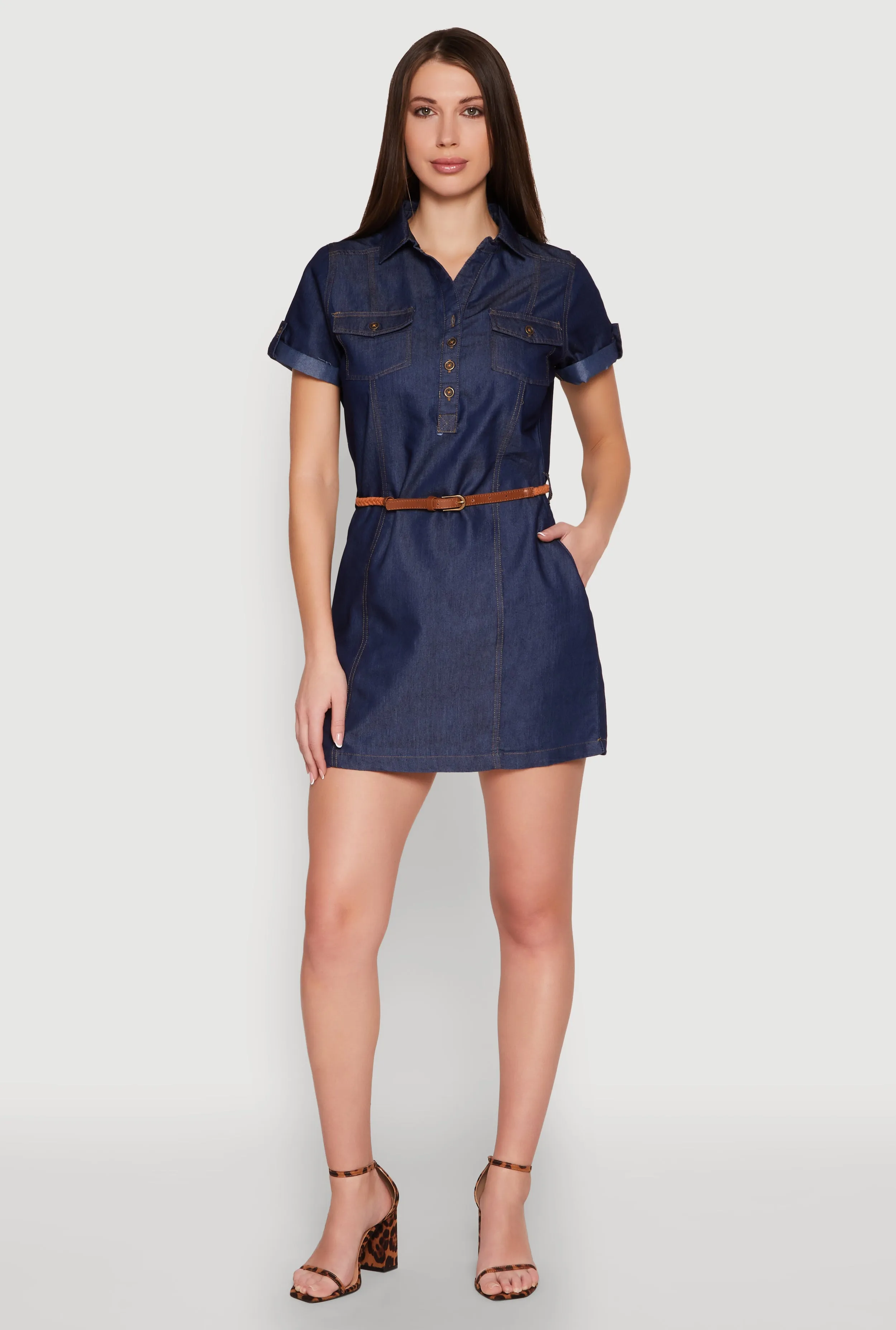 Chambray Belted Half Button Mini Dress sold by Rainbow