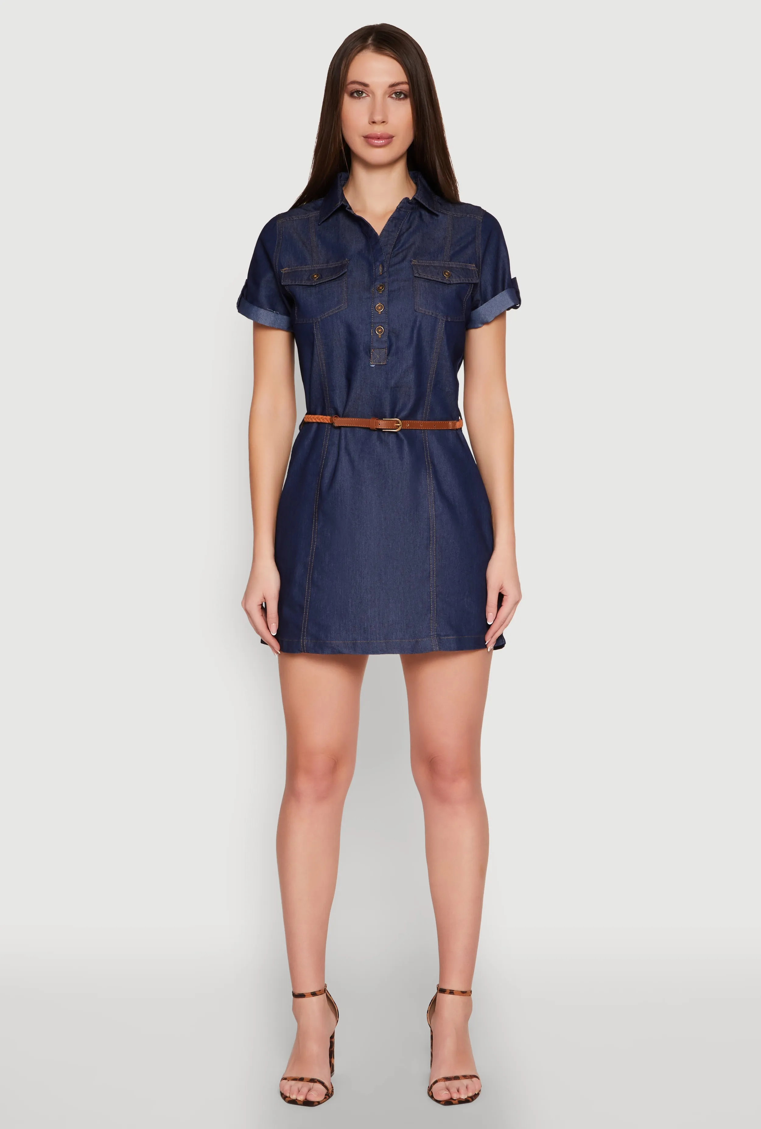 Chambray Belted Half Button Mini Dress sold by Rainbow product image thumbnail 2