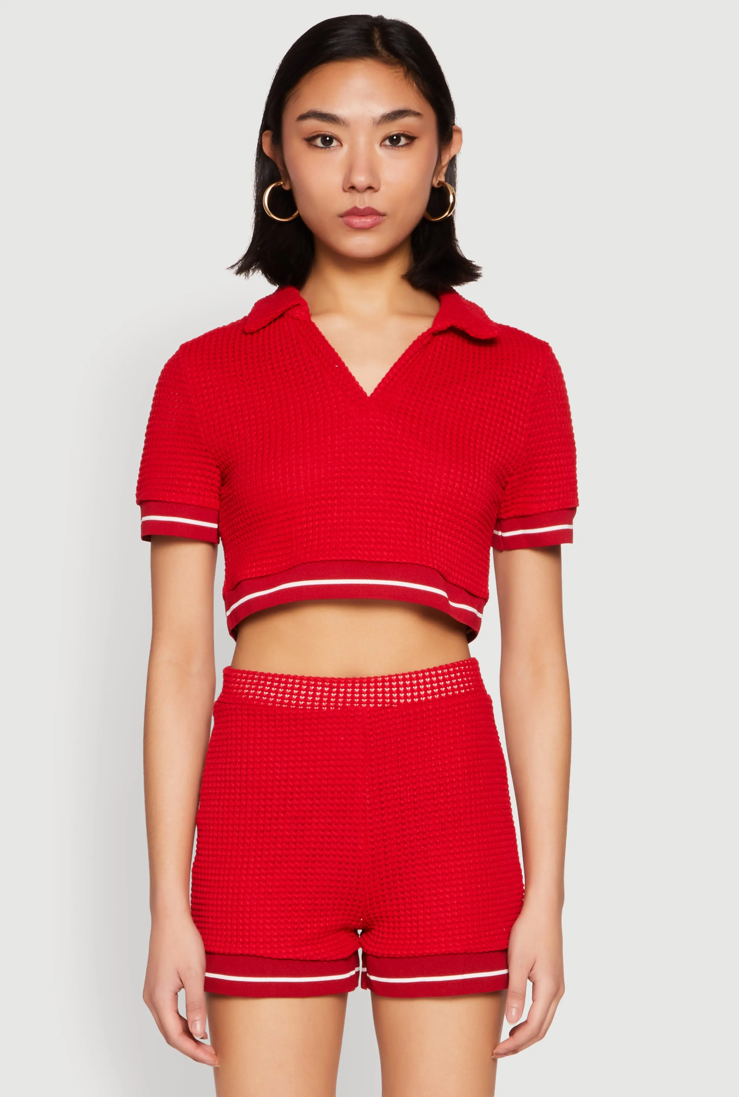 Textured Knit Polo Crop Top sold by Rainbow