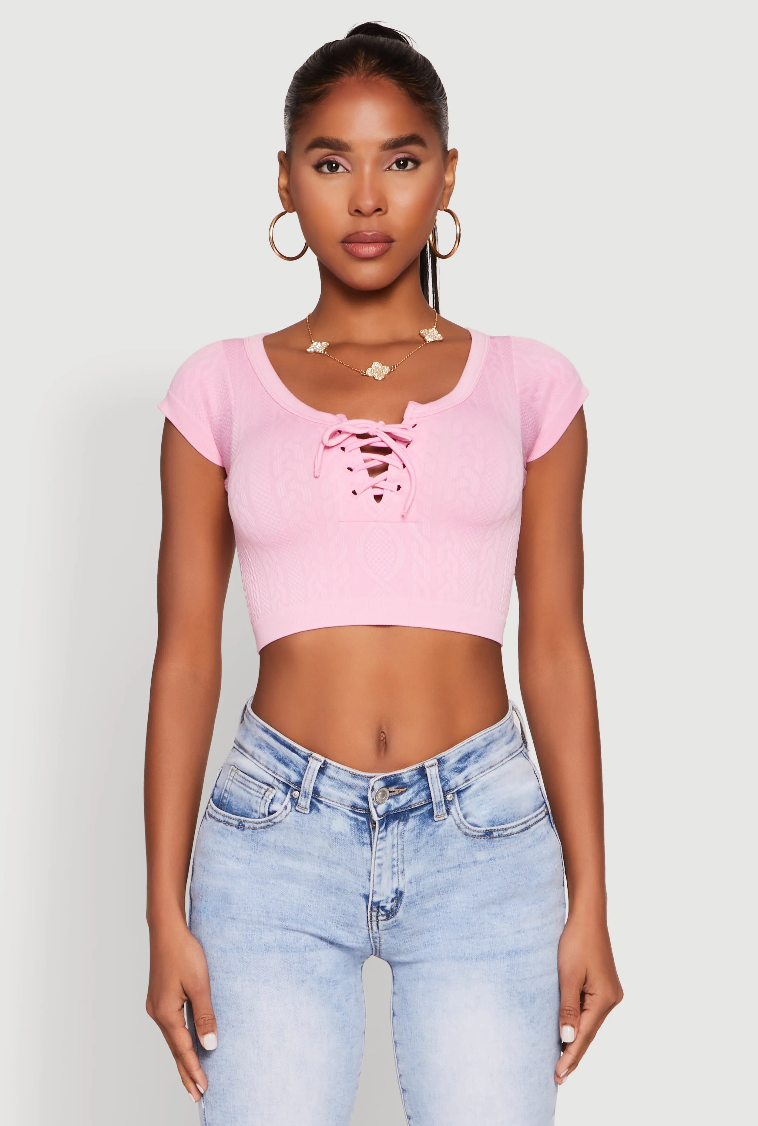 Seamless Lace Up Cable Knit Crop Top sold by Rainbow product image thumbnail 2