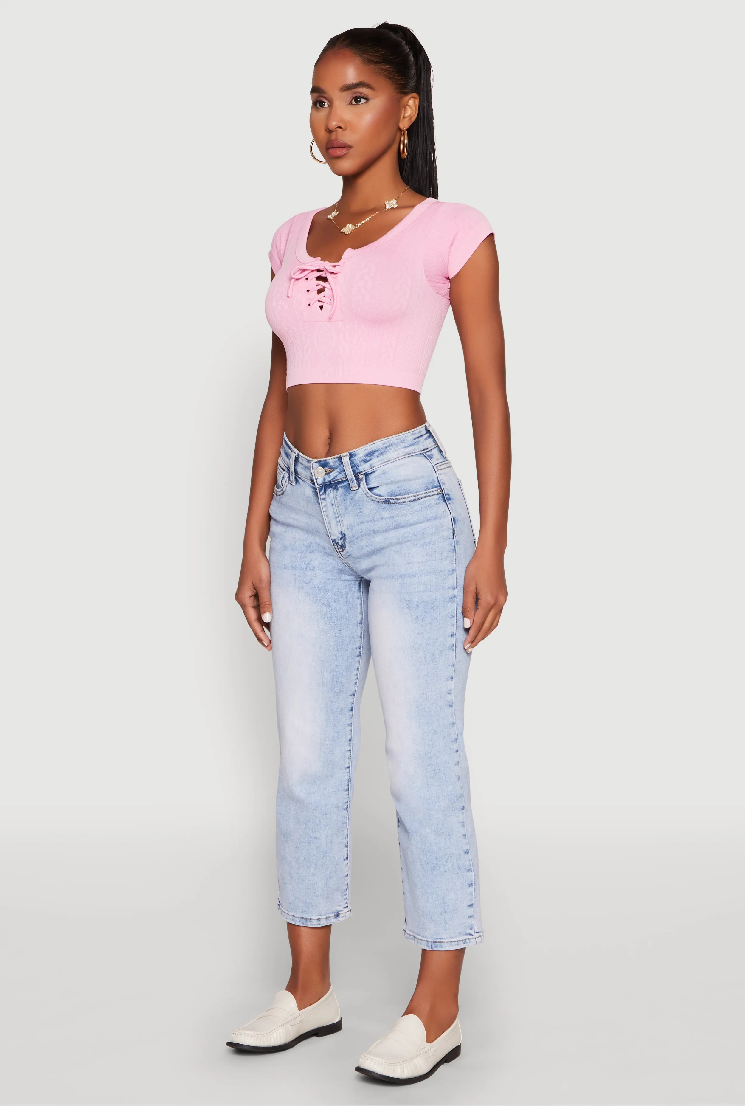 Seamless Lace Up Cable Knit Crop Top sold by Rainbow product image thumbnail 5