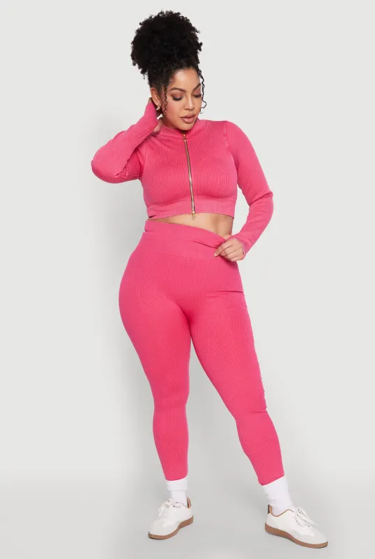 Plus Size Daisy Compression Rib Acid Wash Leggings sold by Rainbow