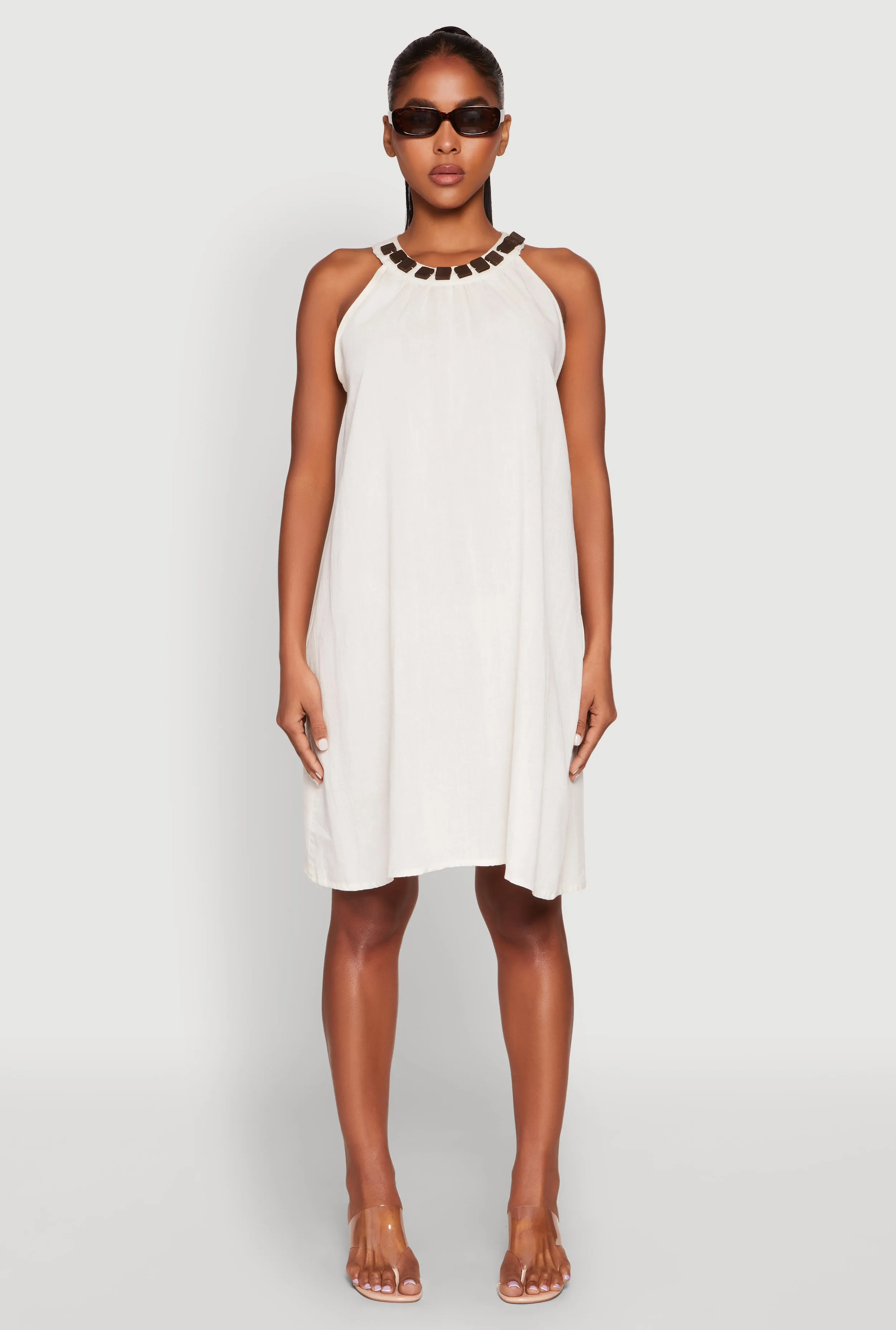 Wood Trim Detail Linen Shift Dress sold by Rainbow product image thumbnail 2