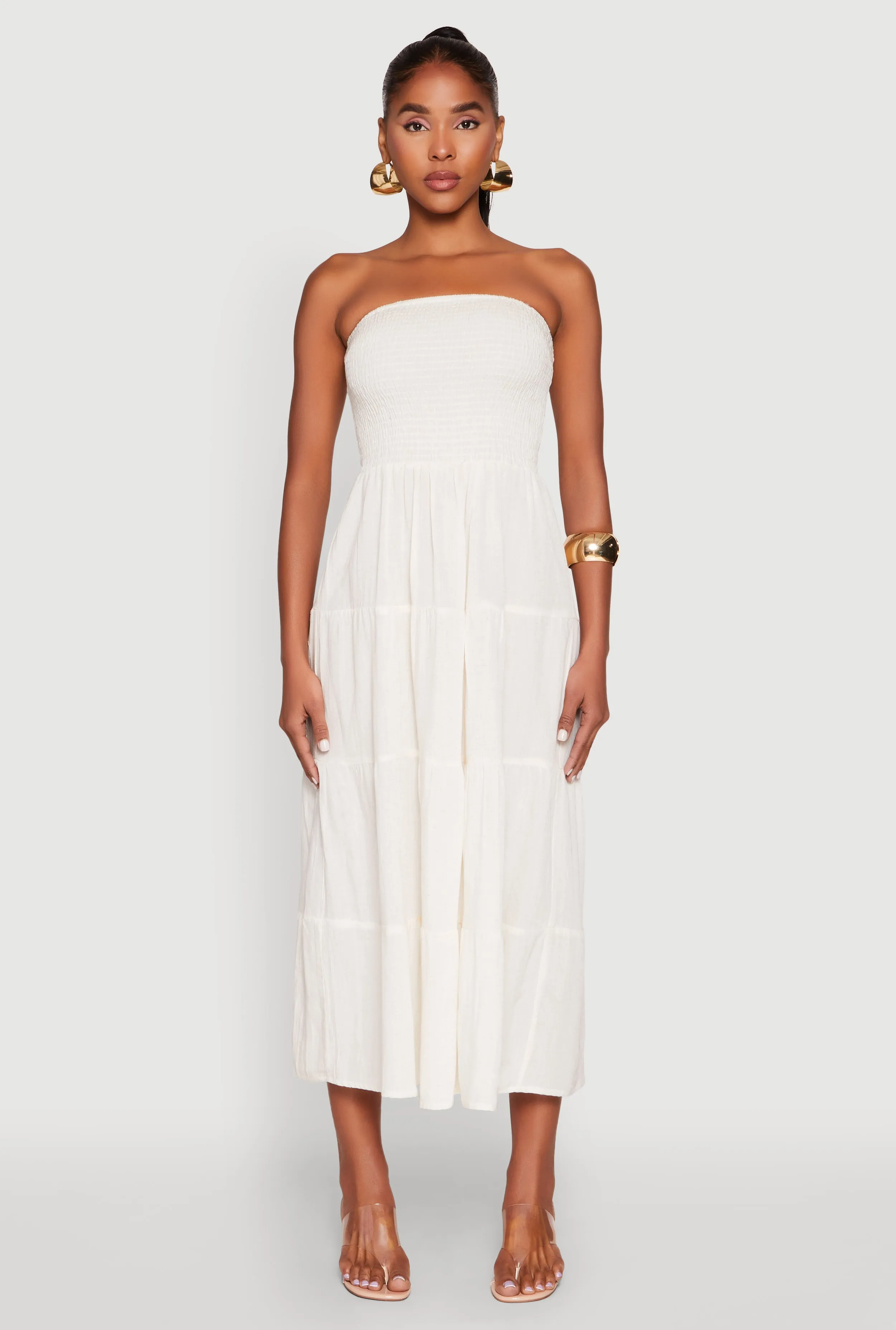 Linen Strapless Smocked Tiered Dress sold by Rainbow