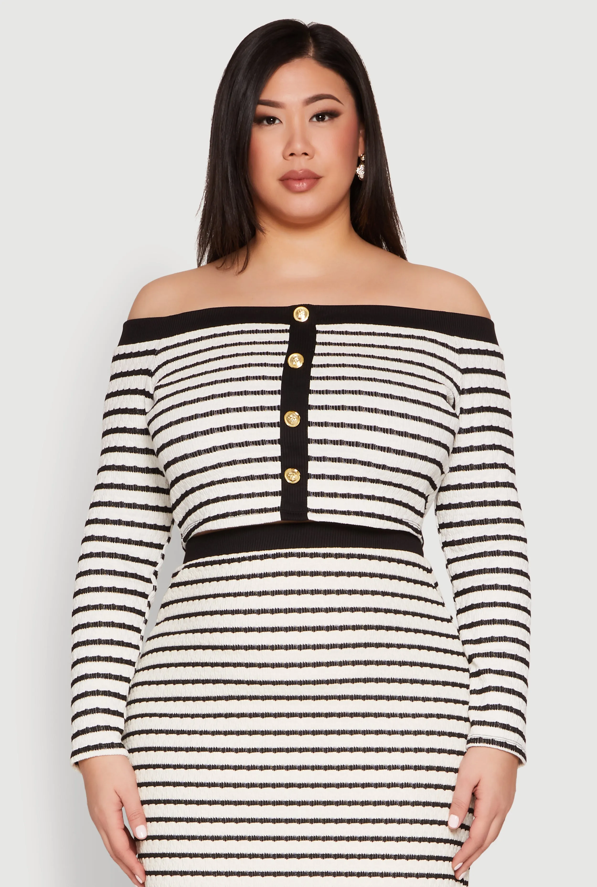 Plus Size Striped Faux Button Off the Shoulder Top sold by Rainbow
