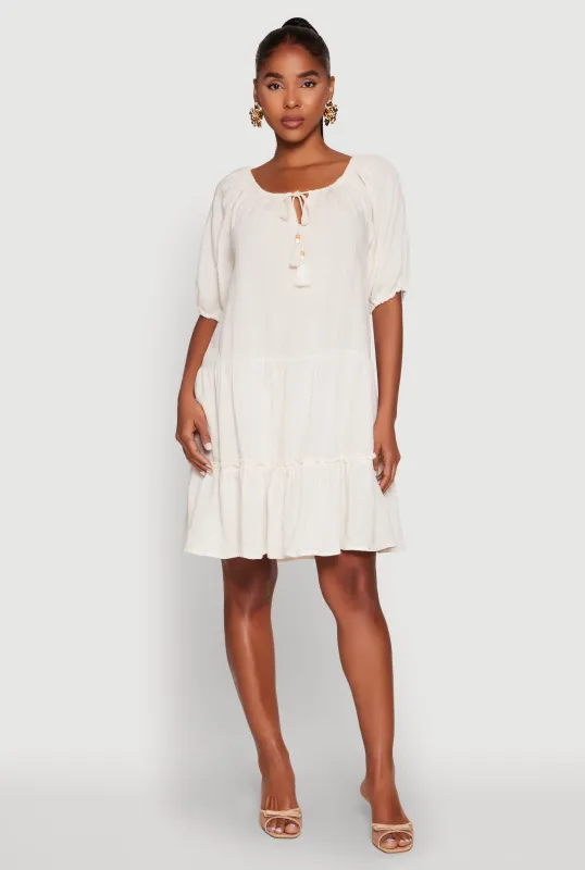 Tassel Tie Front Tiered Peasant Dress sold by Rainbow