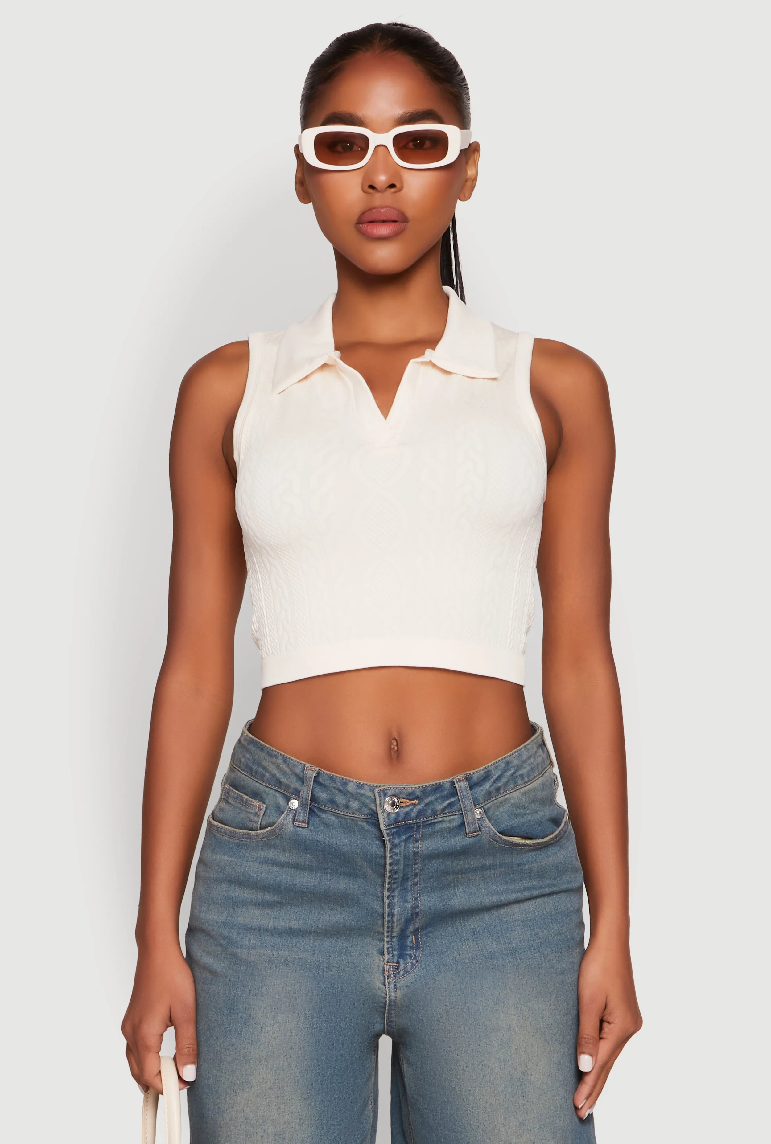 Seamless Cable Knit Polo Crop Top sold by Rainbow product image thumbnail 2