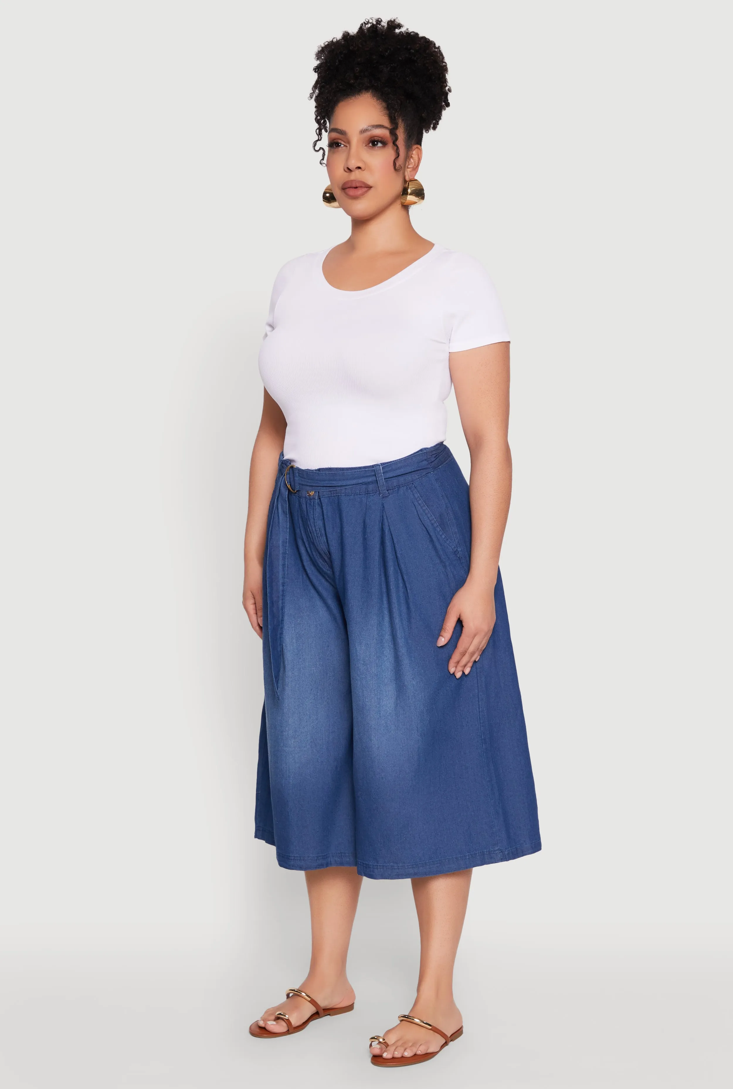 Plus Size Belted Front Chambray Culottes sold by Rainbow product image thumbnail 3