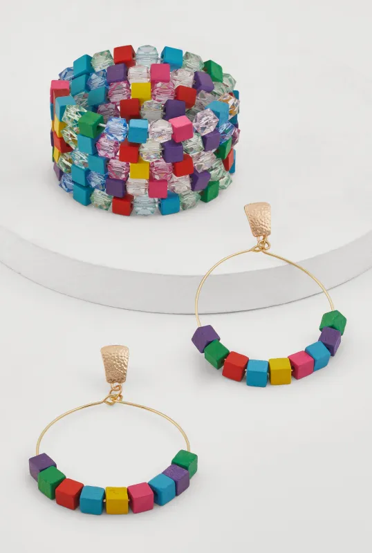 Wooden Stretch Bracelet and Hoop Drop Earrings Set sold by Rainbow