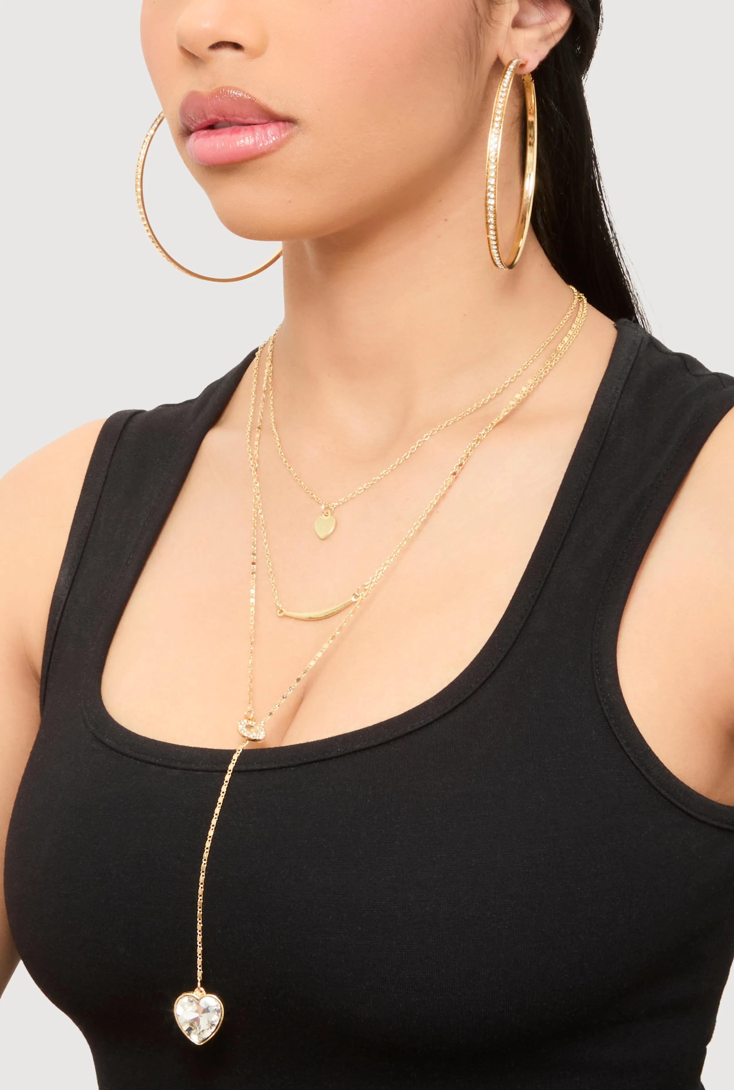 Heart Charm Layered Necklace and Hoop Earring Trio Set sold by Rainbow product image thumbnail 2