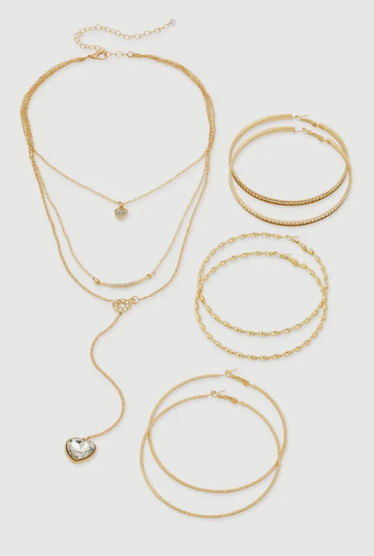 Heart Charm Layered Necklace and Hoop Earring Trio Set sold by Rainbow