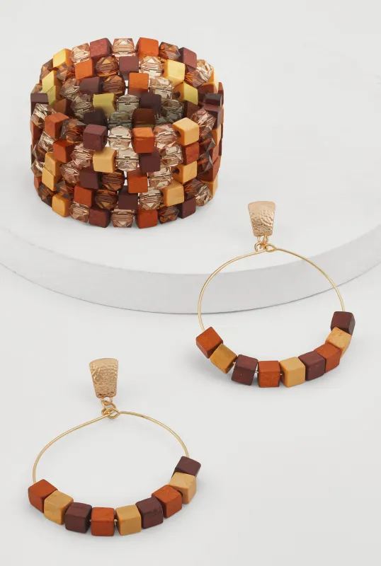 Wooden Stretch Bracelet and Hoop Drop Earrings Set sold by Rainbow