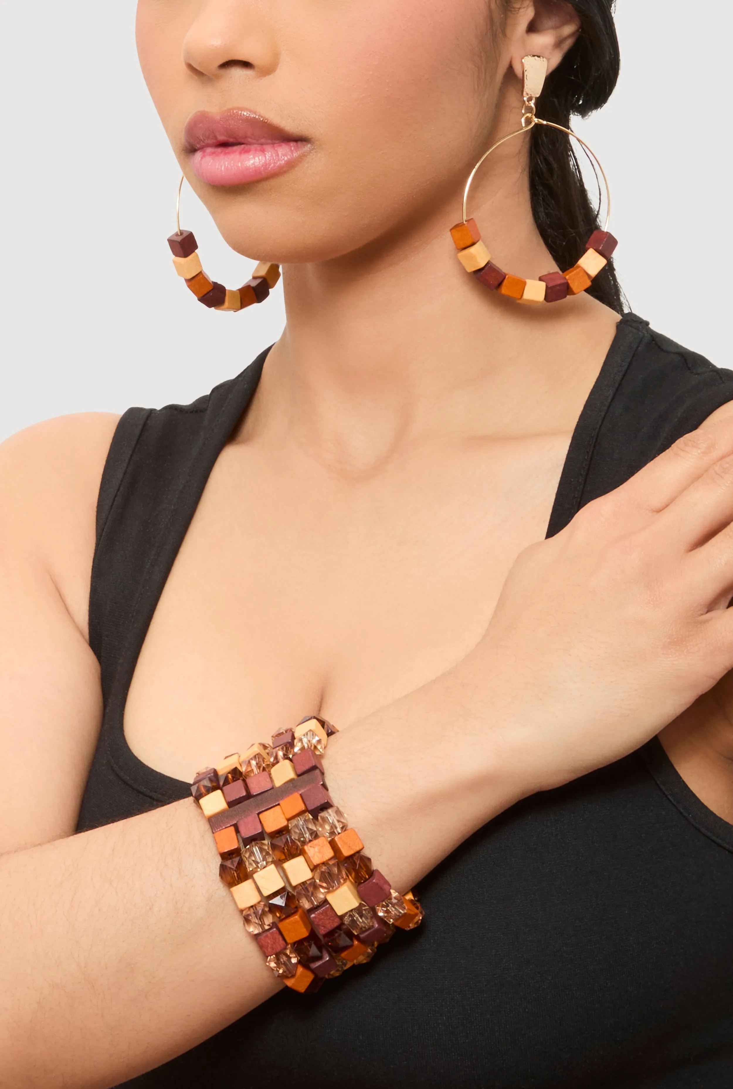 Wooden Stretch Bracelet and Hoop Drop Earrings Set sold by Rainbow product image thumbnail 2