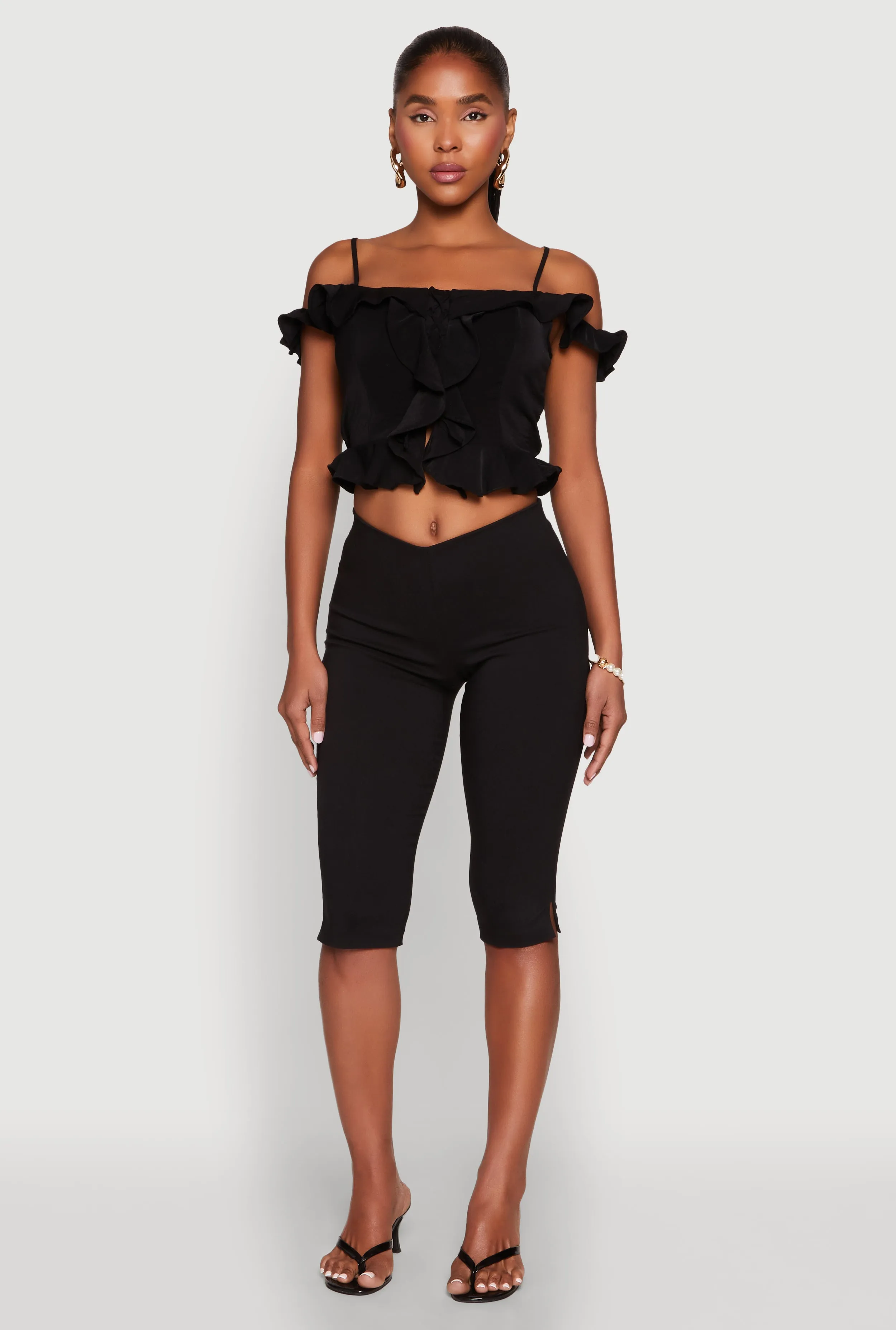 Iris Ruffled Cold Shoulder Crop Top sold by Rainbow