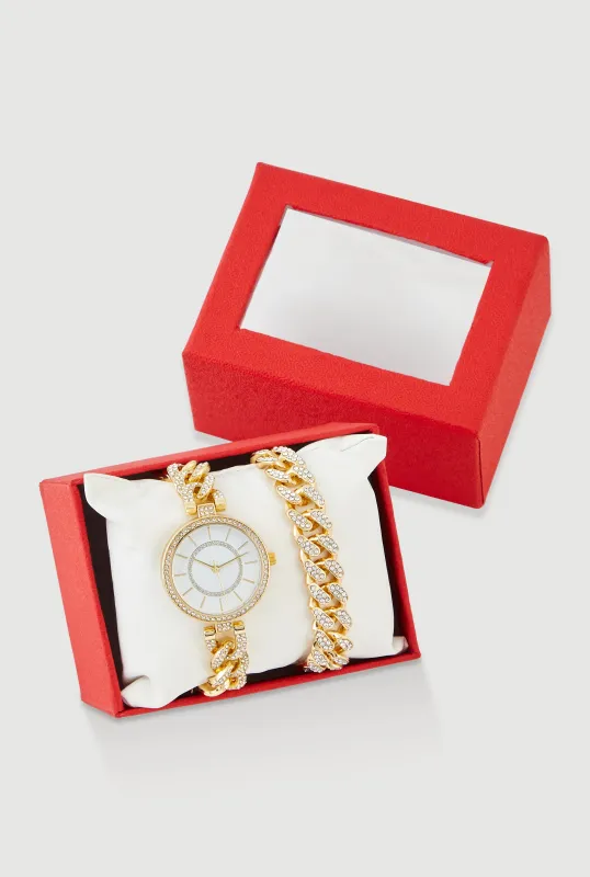 Rhinestone Studded Watch and Chain Bracelet Set sold by Rainbow