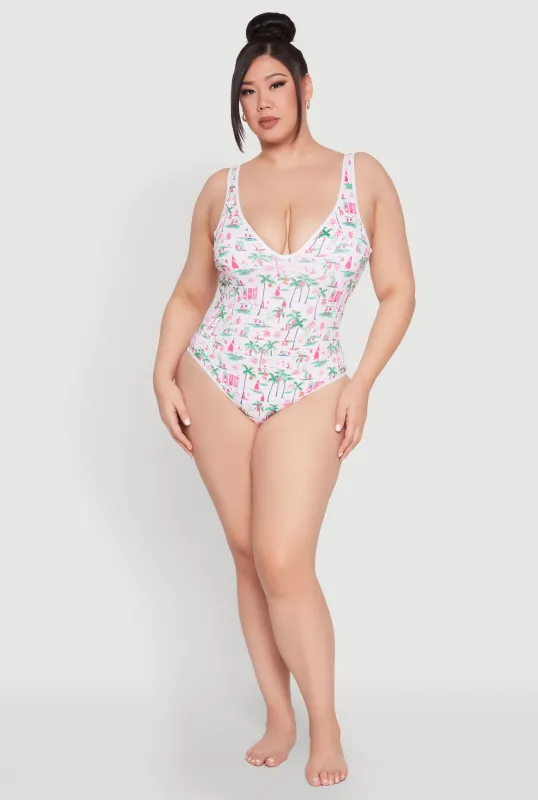 Plus Size Palm Tree Tropical Print One Piece Swimsuit sold by Rainbow