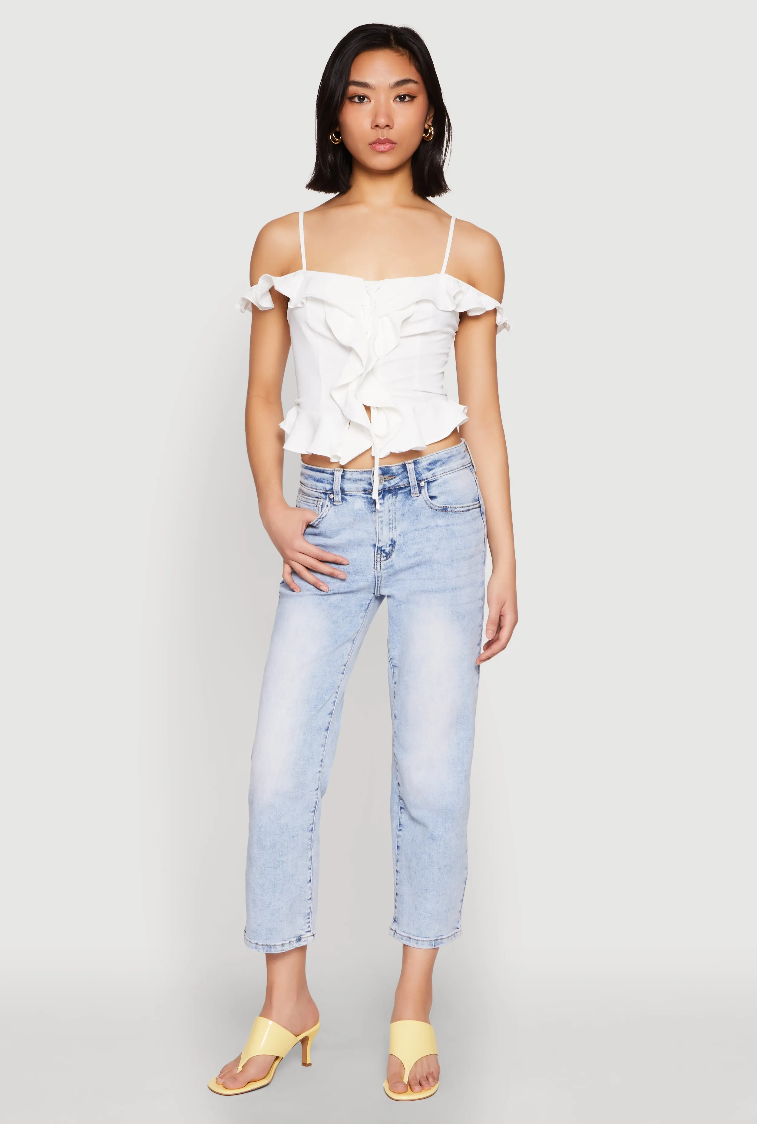 Iris Ruffled Cold Shoulder Crop Top sold by Rainbow