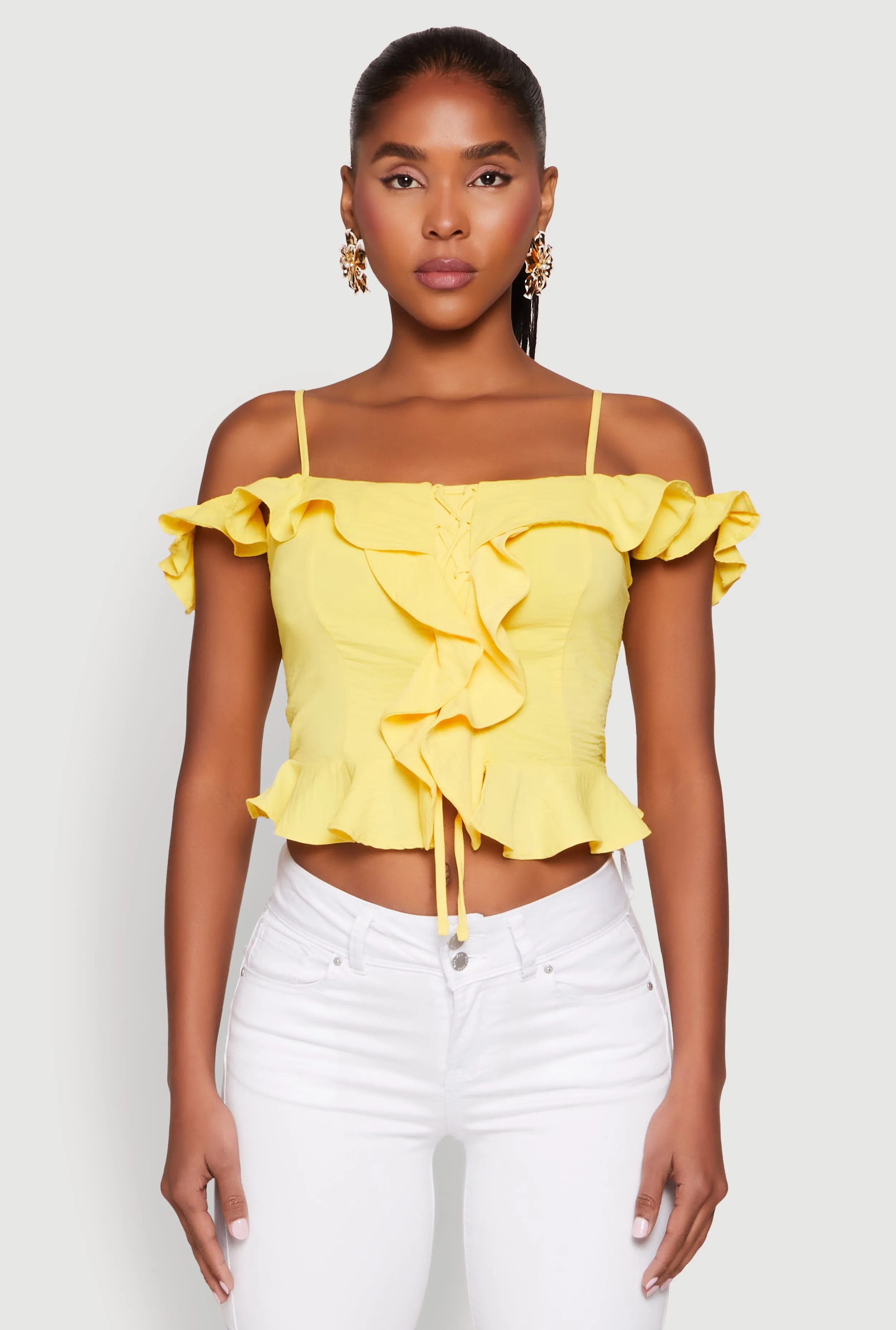 Iris Ruffled Cold Shoulder Crop Top sold by Rainbow product image thumbnail 2